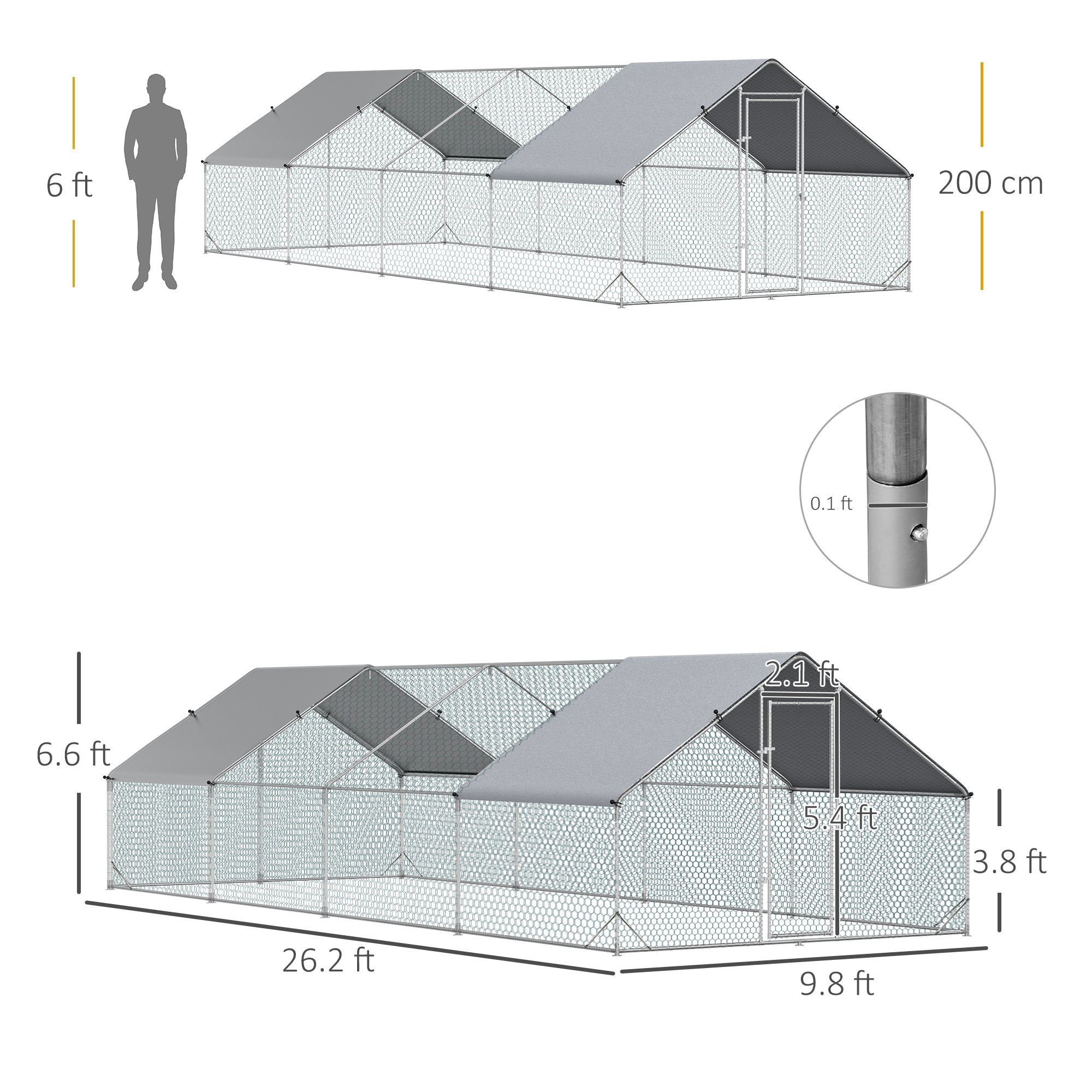 Large Chicken Coop Metal Chicken Run with Waterproof and Anti-UV Cover, Spire Shaped Walk in Fence Cage Hen House for Outdoor and Yard Farm Use, 1" Tube Diameter, 9.8' x 26.2' x 6.6'