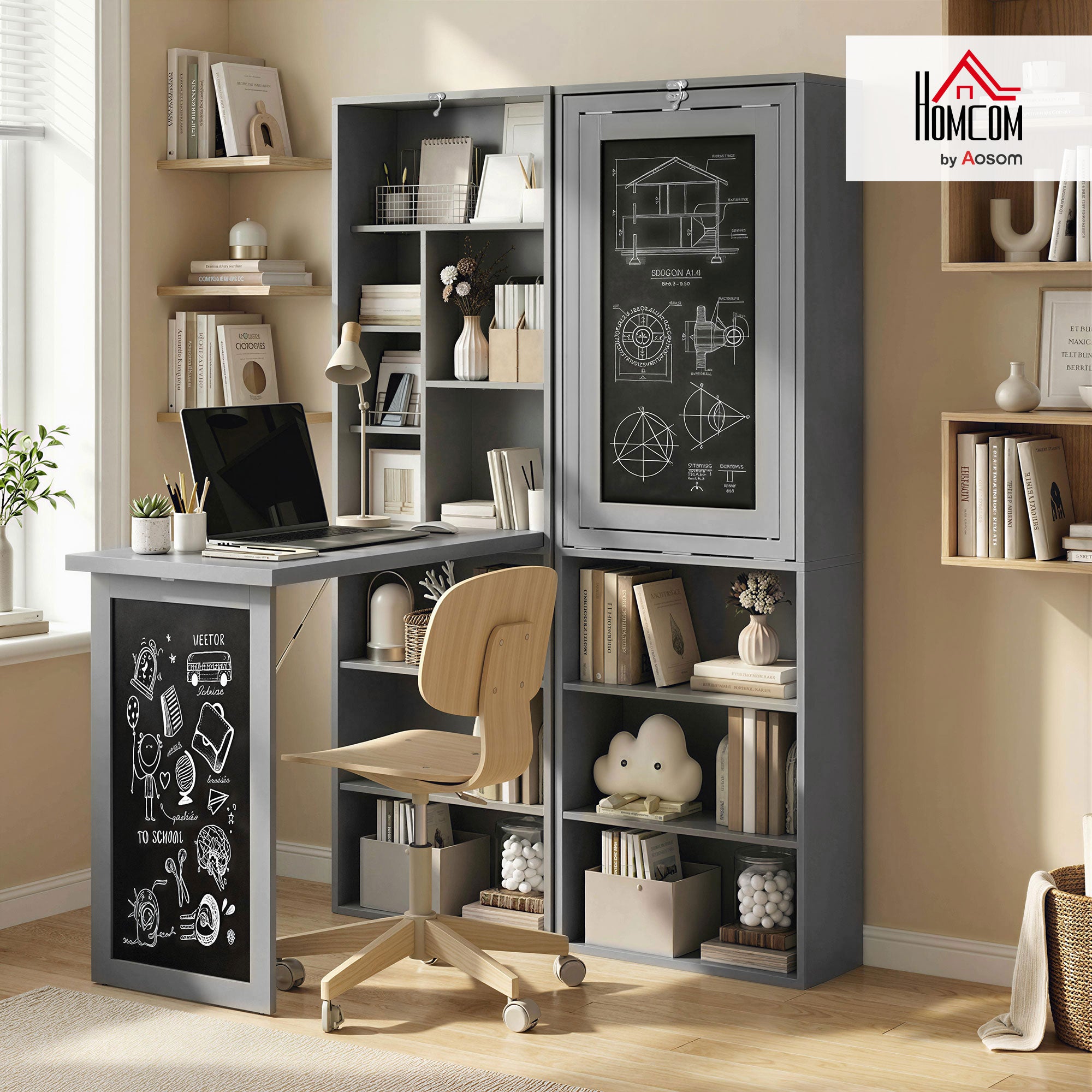 Fold-out Convertible Office Desk, Wall Mount Computer Desk with Blackboard and Side Shelf, Charcoal Gray