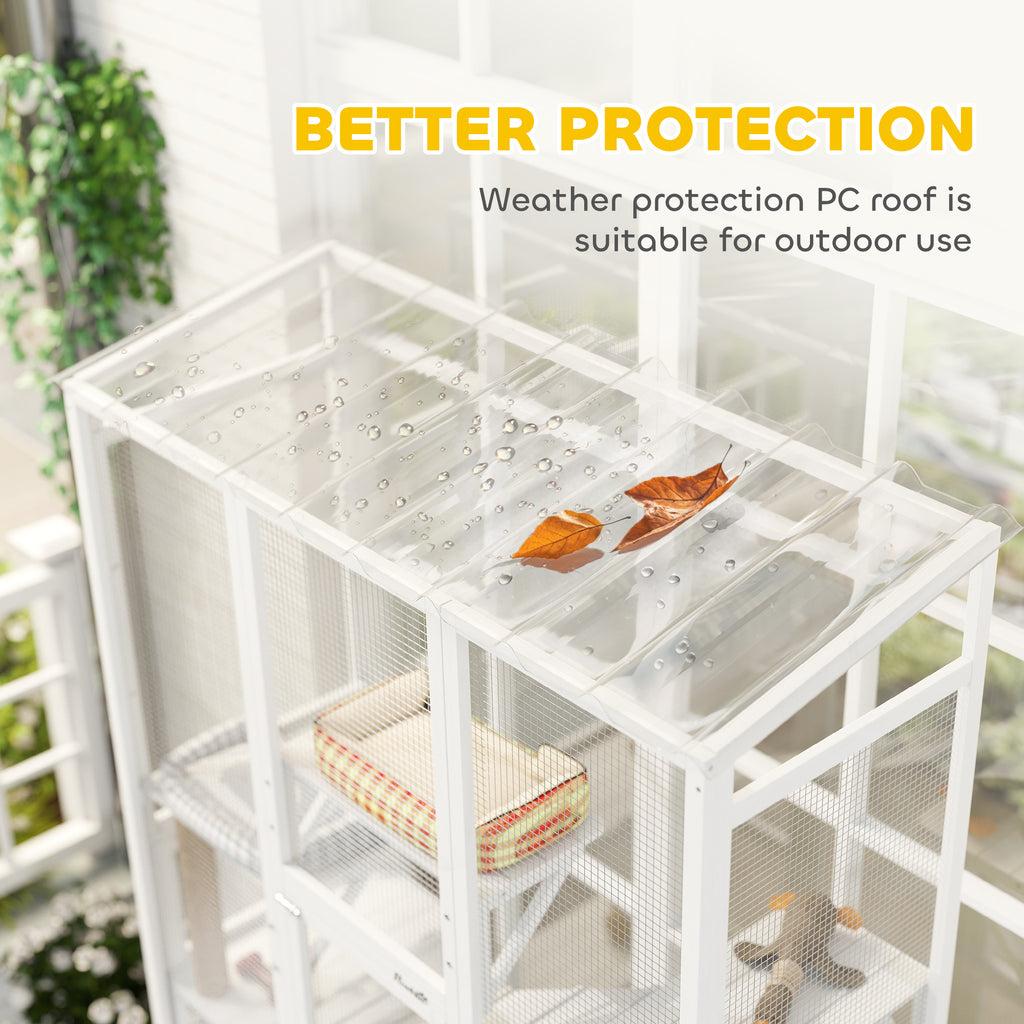 Outdoor Catio Cat Enclosure, Large Wooden Cat House with 6 Jumping Platforms, Scratching Post, 2 Ramps, for 2-3 Kittens