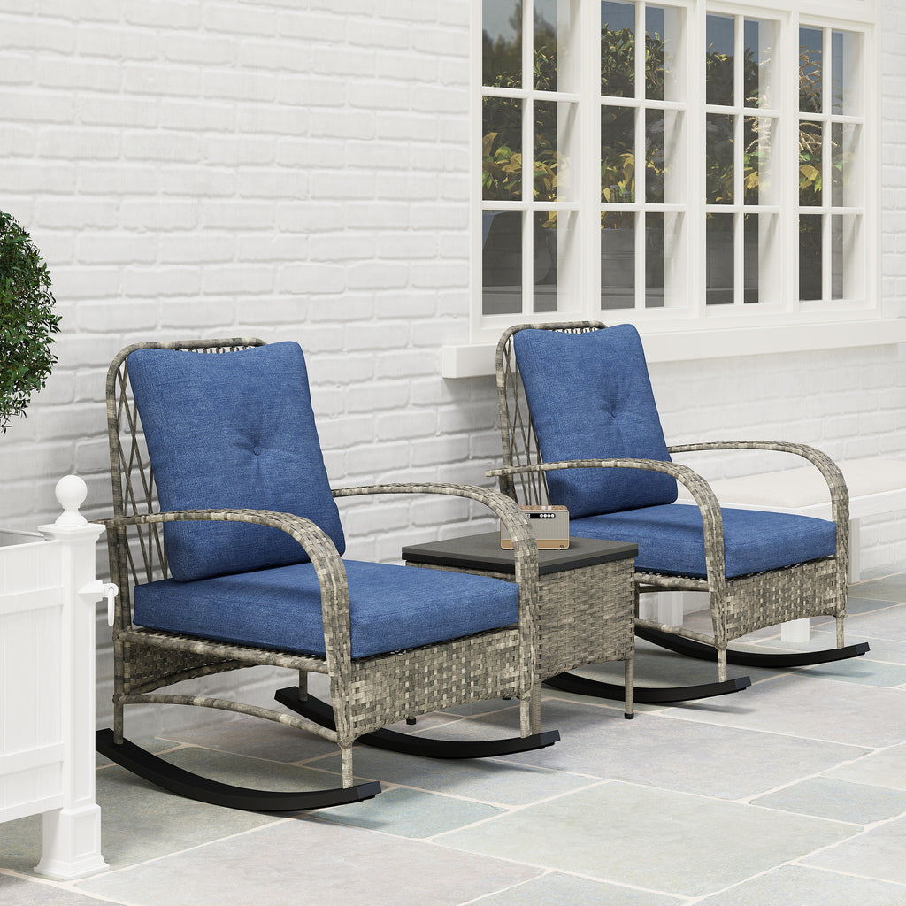 3 Piece Wicker Patio Furniture Set, Outdoor PE Rattan Rocking Chairs with Coffee Table, Cushions for Porch, Gray