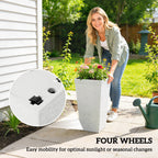 22.8 Inch Set of 3 Outdoor Planters with Stone Finish and Wheels, Stackable Tapered Planters with Drainage Hole, White