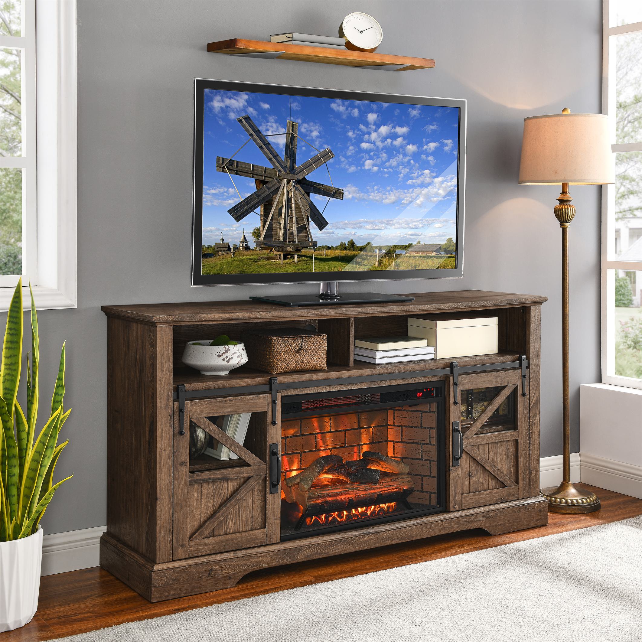 60" Electric Fireplace Entertainment Center with Door Sensor, Adjustable Flame Brightness, Remote Control, 60" L x 16" W x 32" H, Brown