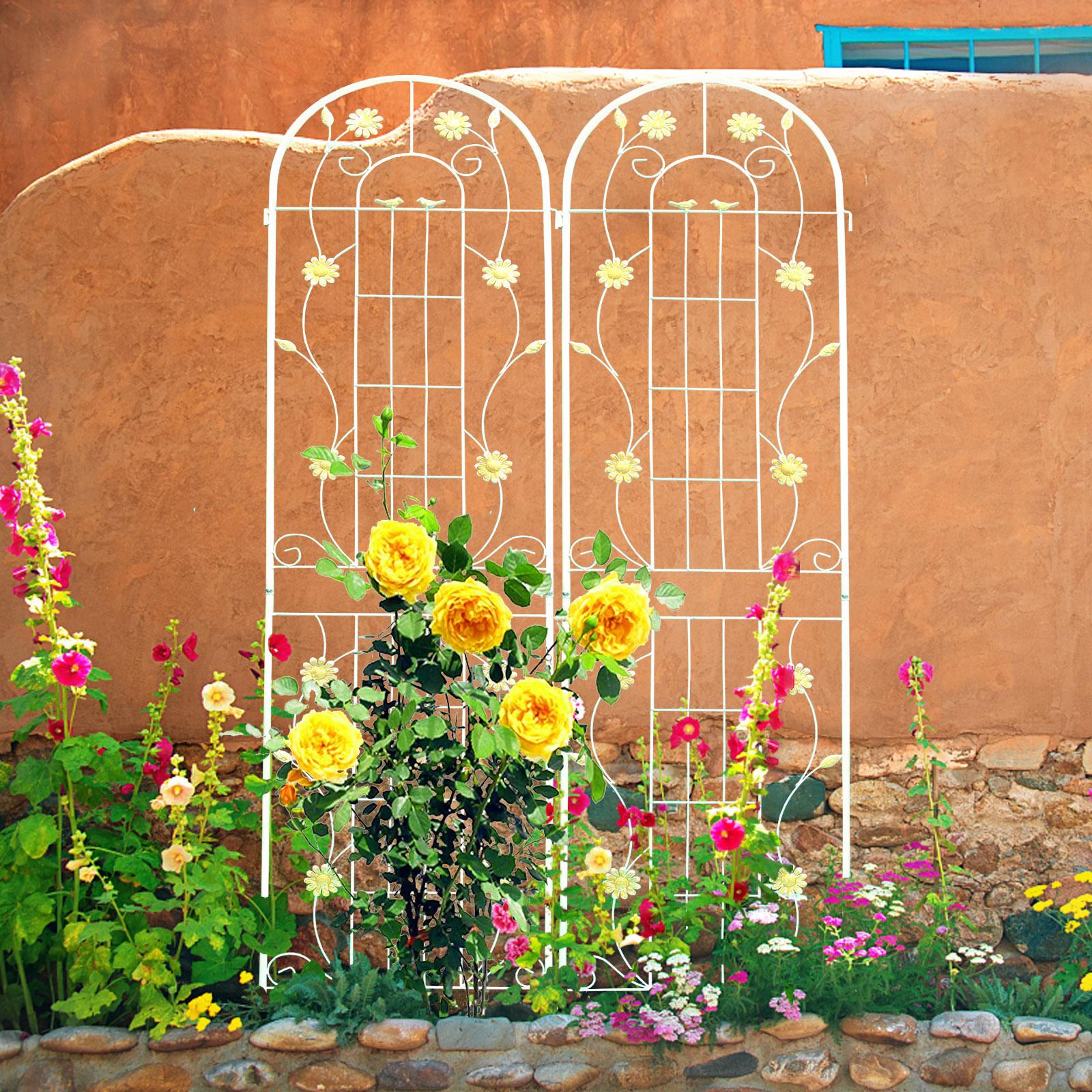 4 Pack Metal Garden Trellis with Bird and Flower Decorations, Rustproof Climbing Plant Support, 87" High, Cream White