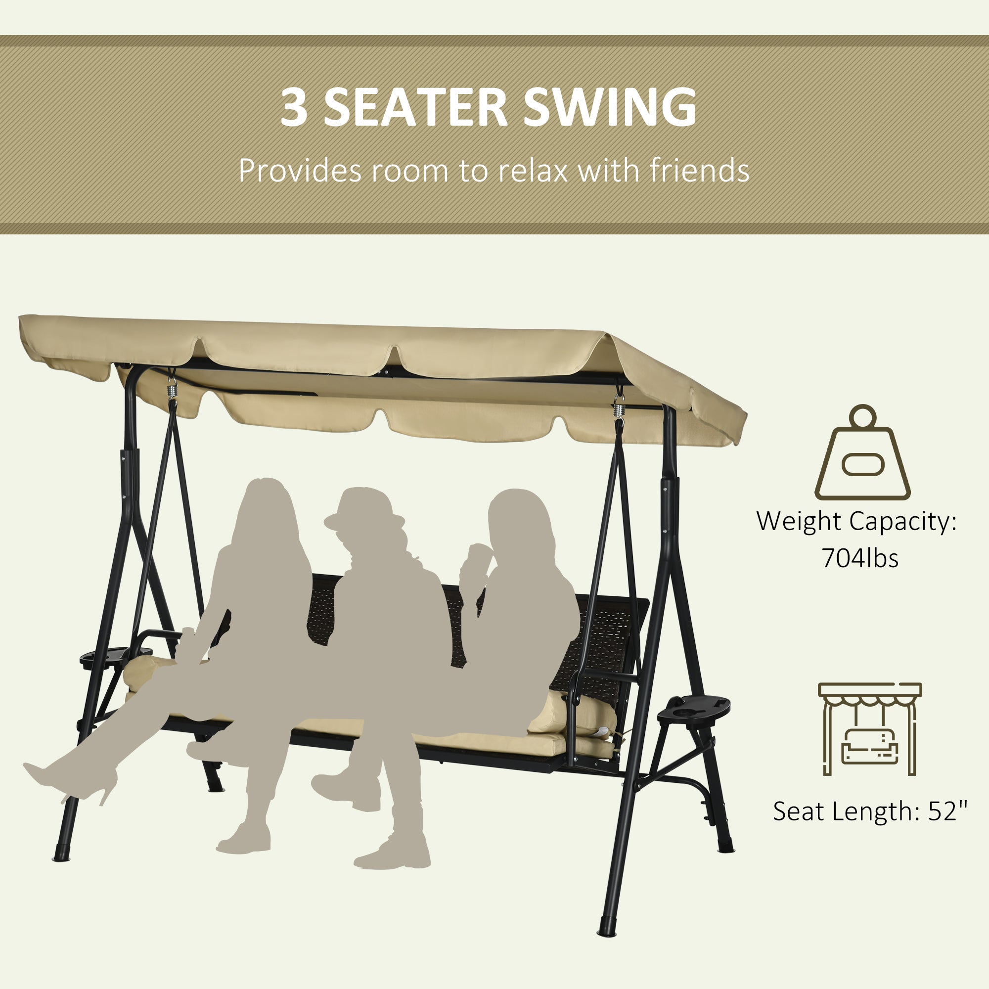 3-Seat Patio Swing Chair, Outdoor Canopy Swing Glider with Removable Cushion, Pillows, Adjustable Shade, and Rattan Seat, for Porch, Garden, Poolside, Backyard