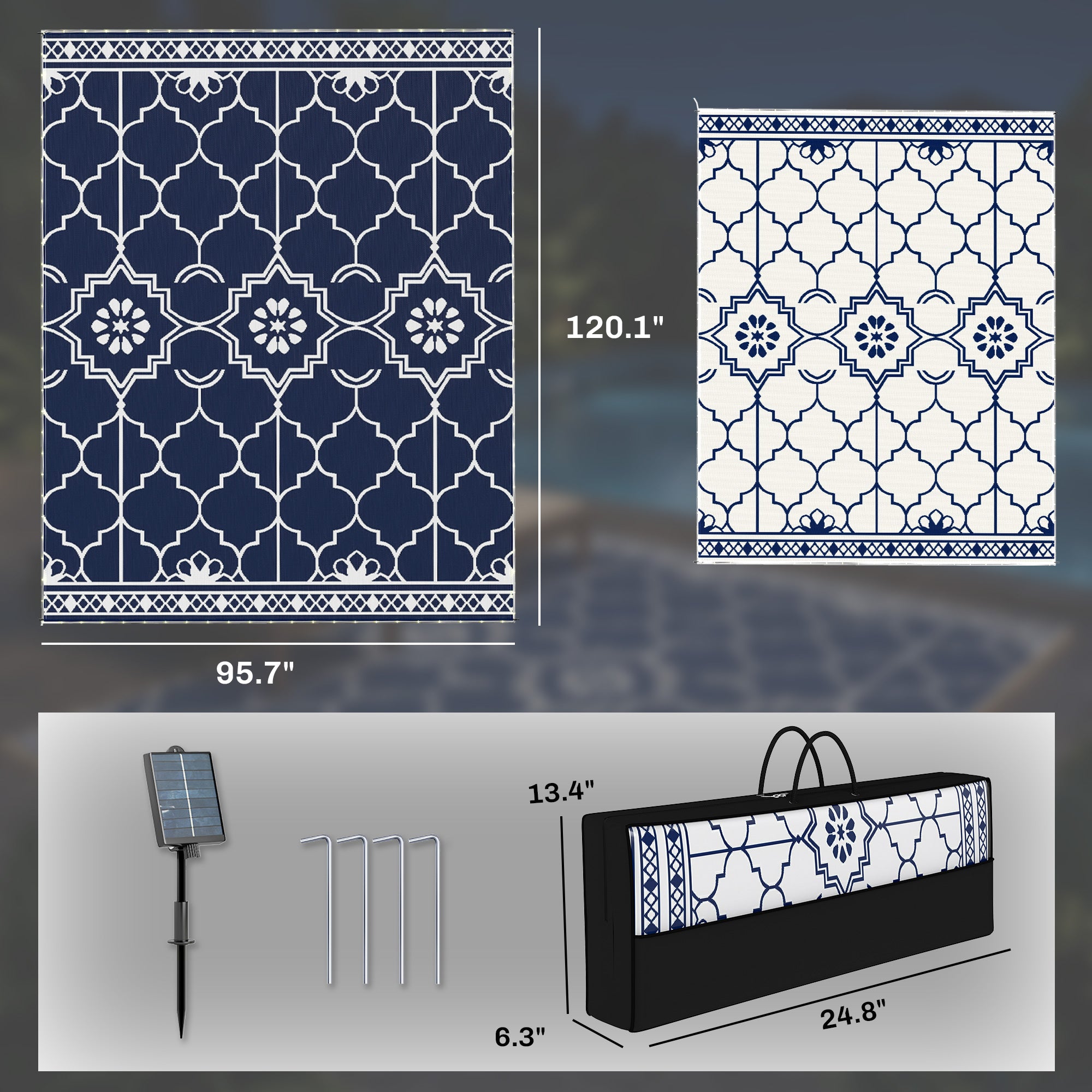 Reversible Outdoor Rug Carpet with LED Lights, 10' x 8' PP Straw Rug with Carry Bag and Ground Stakes