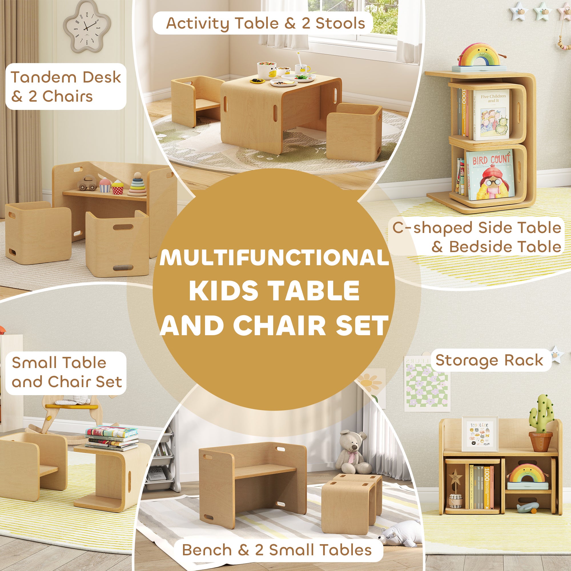 Kids Table and Chair Set, Height Adjustable Toddler Table and Chair Set for Kids Ages 3-8, Play, Learning, Natural