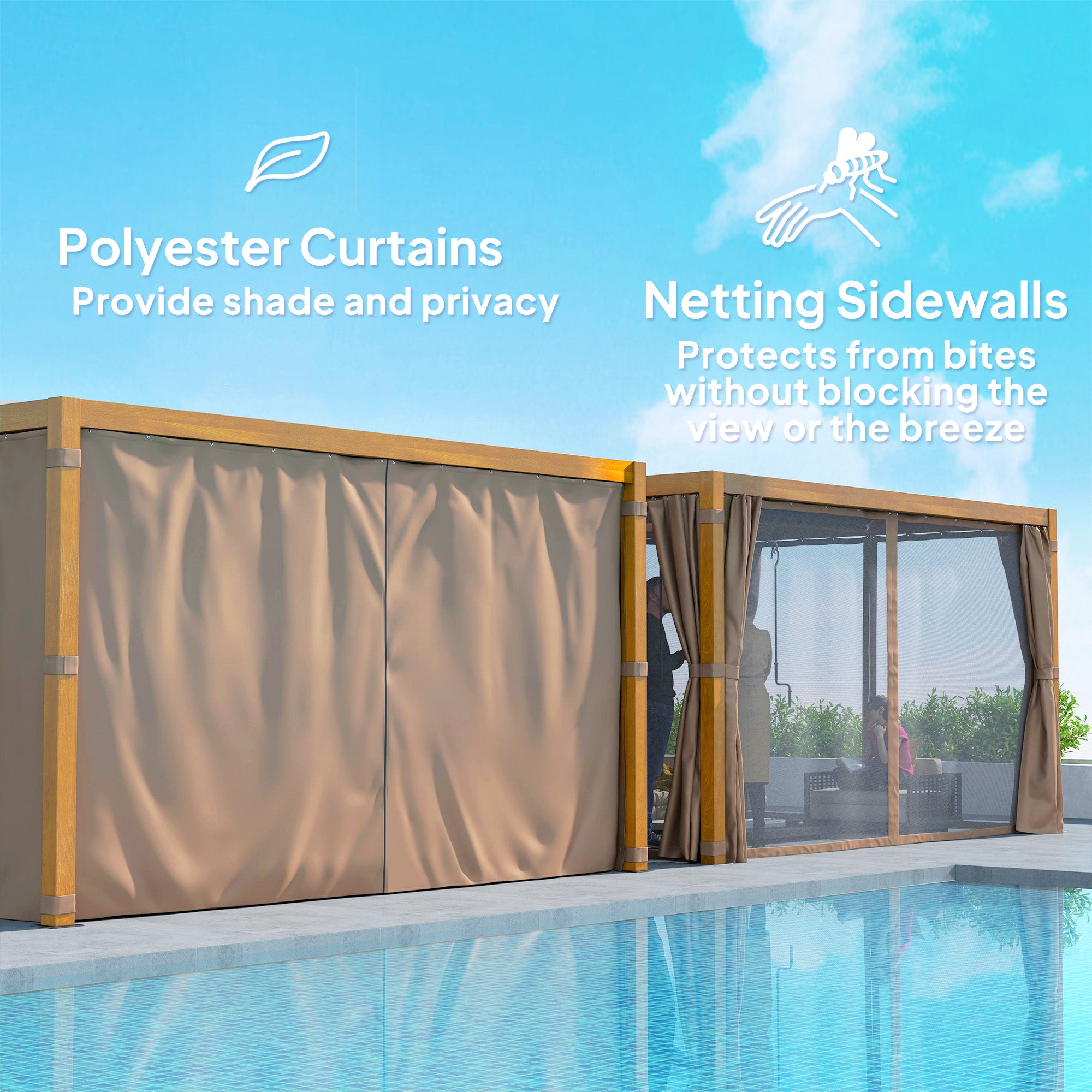 10' x 13' Outdoor Retractable Pergola w/ Sun Shade Louvered Top, Pergola w/ Canopy, Curtains, Netting, Natural Wood
