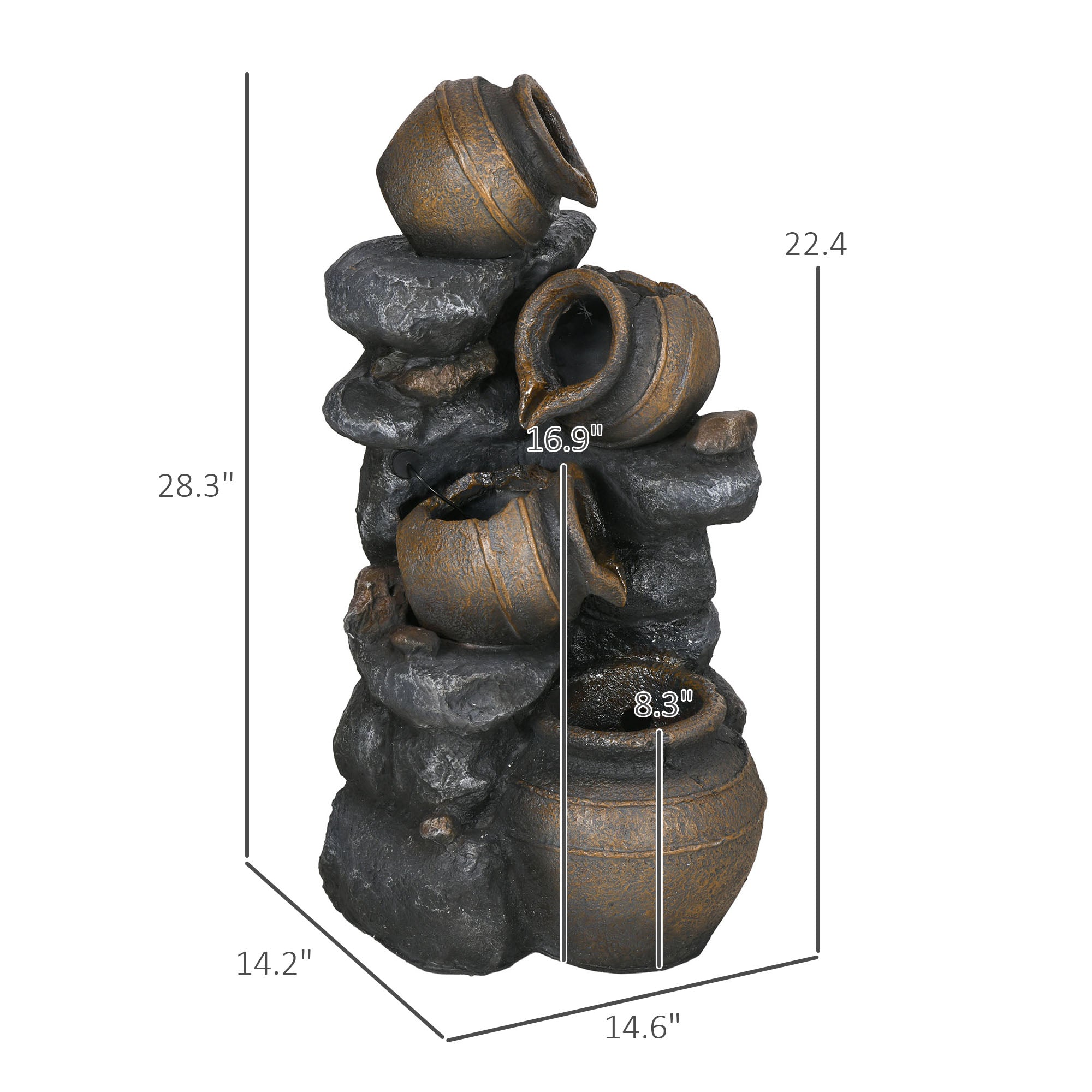 28.3" Solar Water Fountain, 4-Tier Resin Cascading Jars and Stacked Stones Outdoor Waterfall Fountain with LED Lights