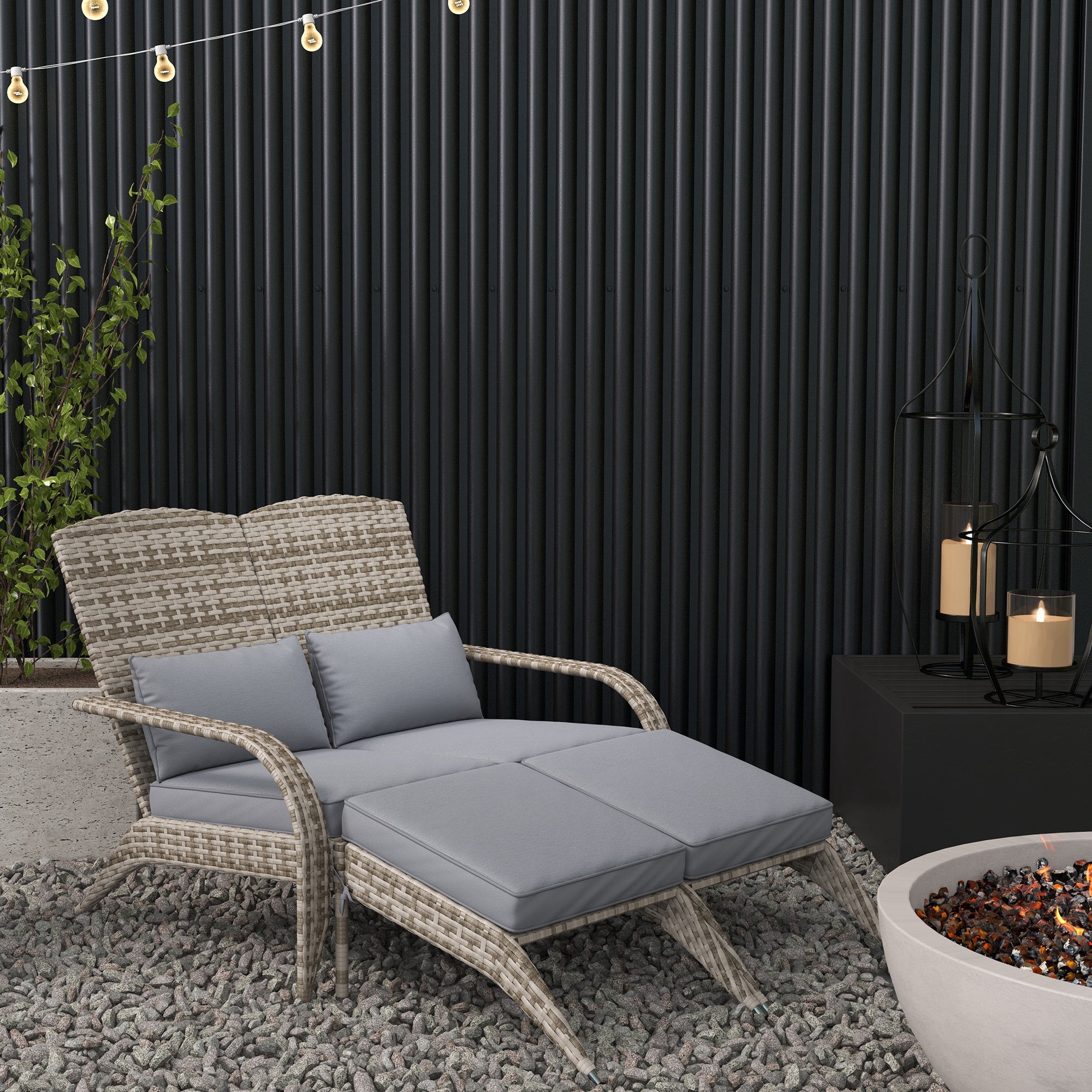 Wicker Adirondack Chair for 2 with Cushions & Footrests, PE Rattan Double Chaise Lounge Chair, Fire Pit Chair for Porch with Wide Armrests, High-back, Gray