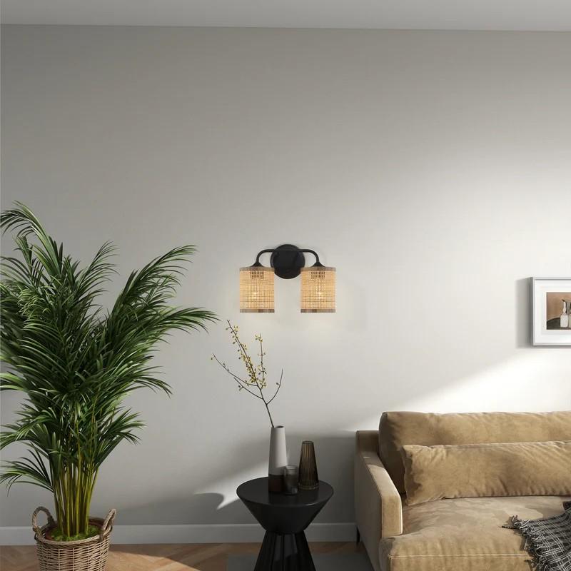 Double Light Vanity Wall Lamp with Natural Rattan Shade, Metal Construction, Ideal for Bathroom Decor, 7" L x 10" W x 12.5" H, Black
