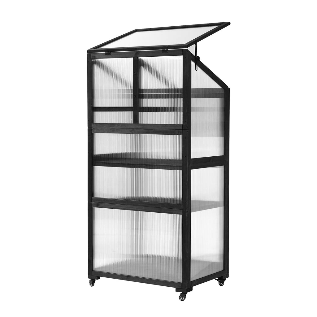 Portable Wood Greenhouse with Wheels & 3-Tier Shelf, Tall Cold Frame with Vented Roof for Balcony Garden, 31.5'' L x 22.5'' W x 62'' H, Black