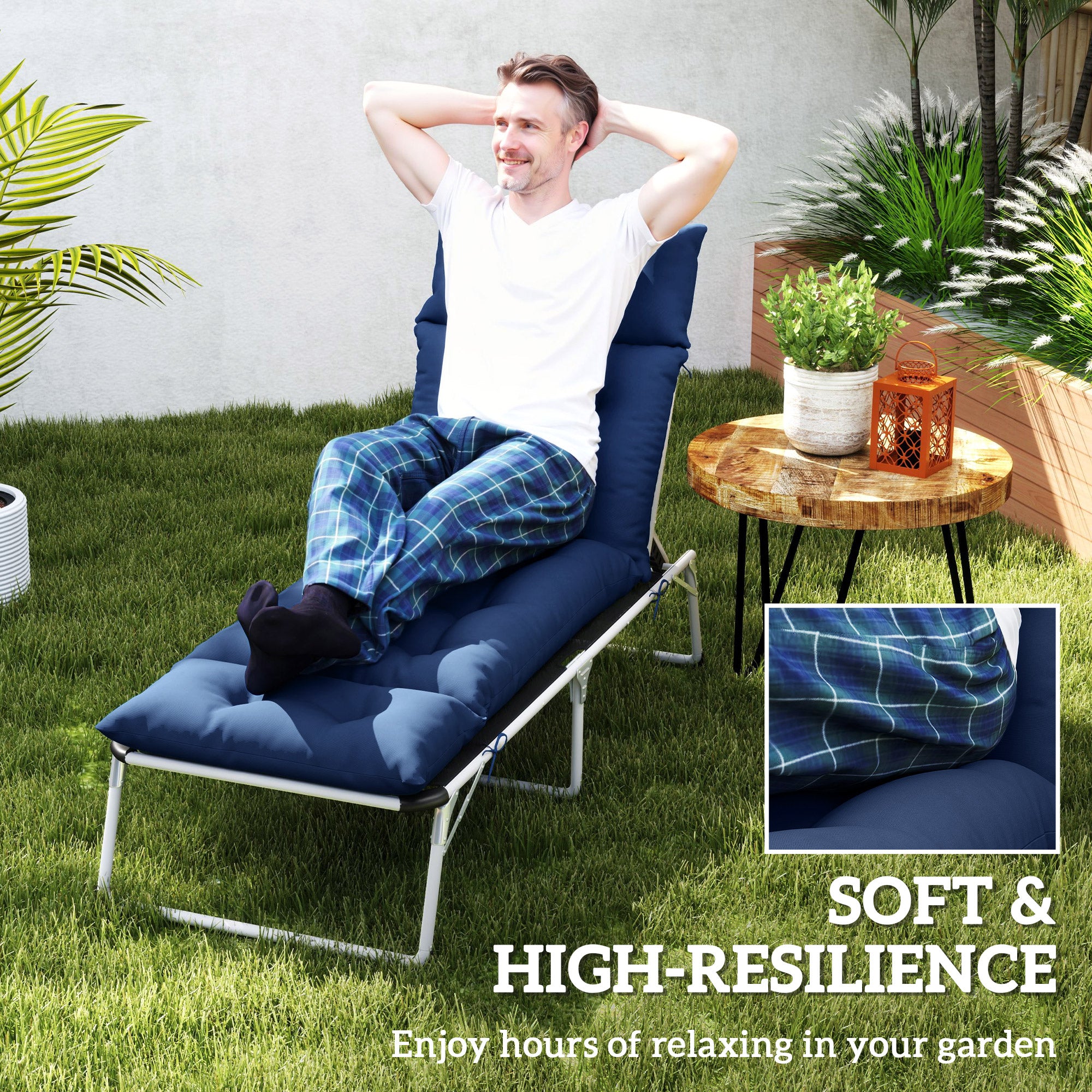 Outdoor Chaise Lounge Cushion, Tufted Thick Patio Lounge Chair Cushion with Ties, 74.8 in. x 22 in. x 4 in., Navy Blue