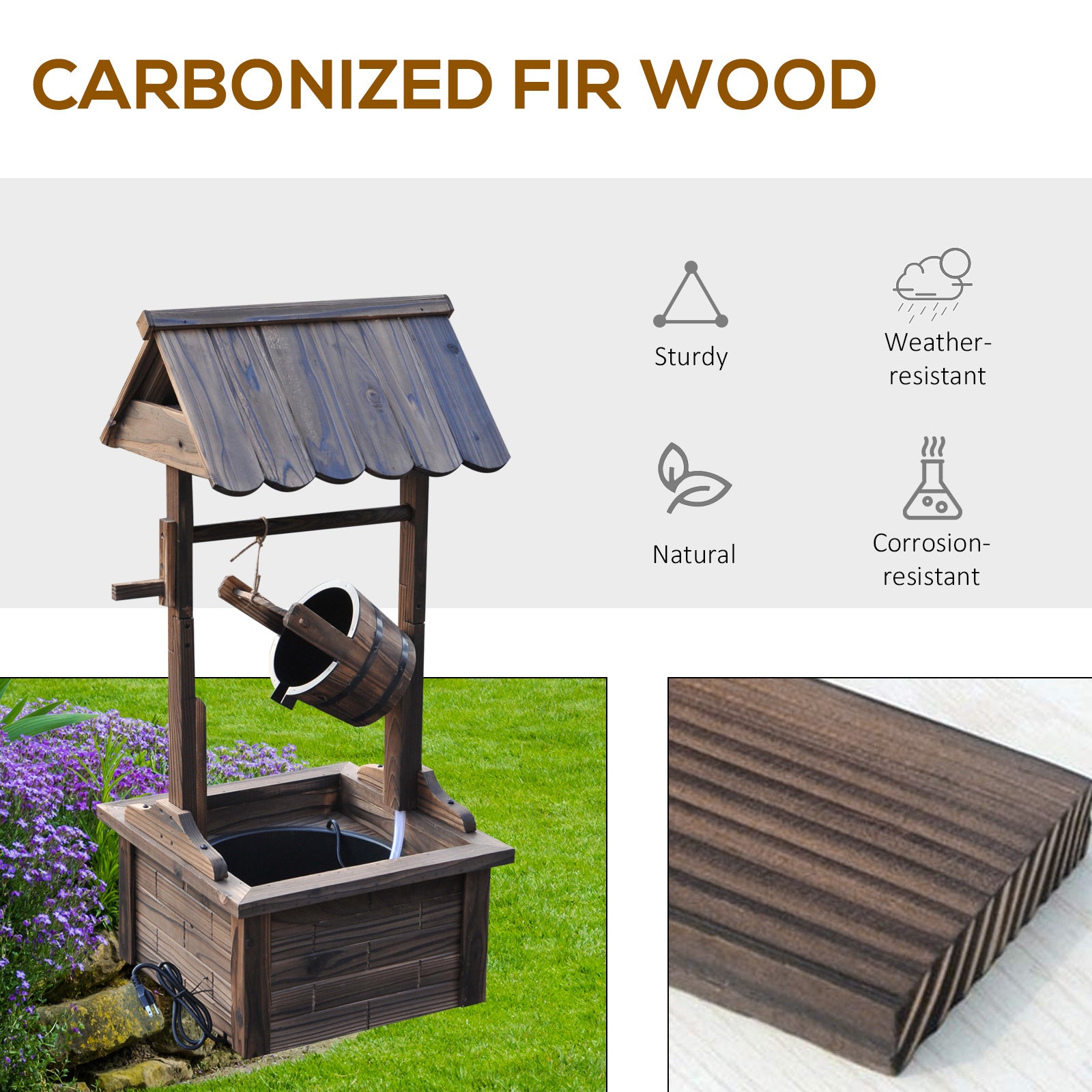Outdoor Wooden Wishing Well Fountain with Adjustable Water Flow Rate, Rustic Waterfall Fountain, Carbonized Finish
