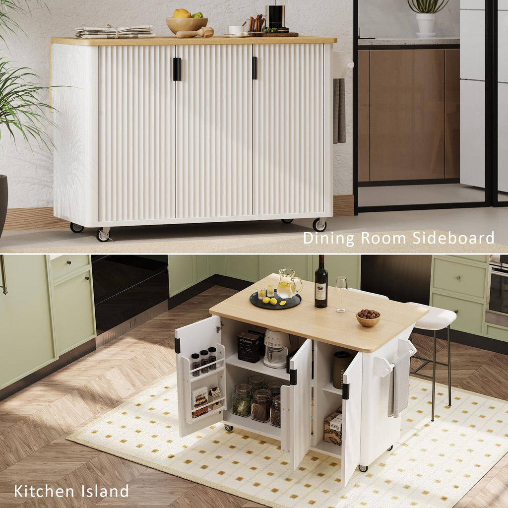 Fluted Kitchen Island with Drop Leaf, Internal Storage Rack, Rolling Kitchen Cart with Towel Rack, Adjustable Shelves, Smooth Curved Edge, White