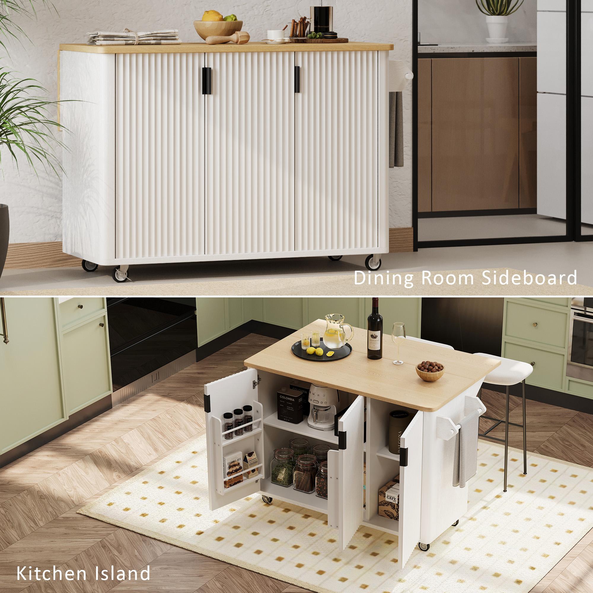 Fluted Kitchen Island with Drop Leaf, Internal Storage Rack, Rolling Kitchen Cart with Towel Rack, Adjustable Shelves, Smooth Curved Edge, White