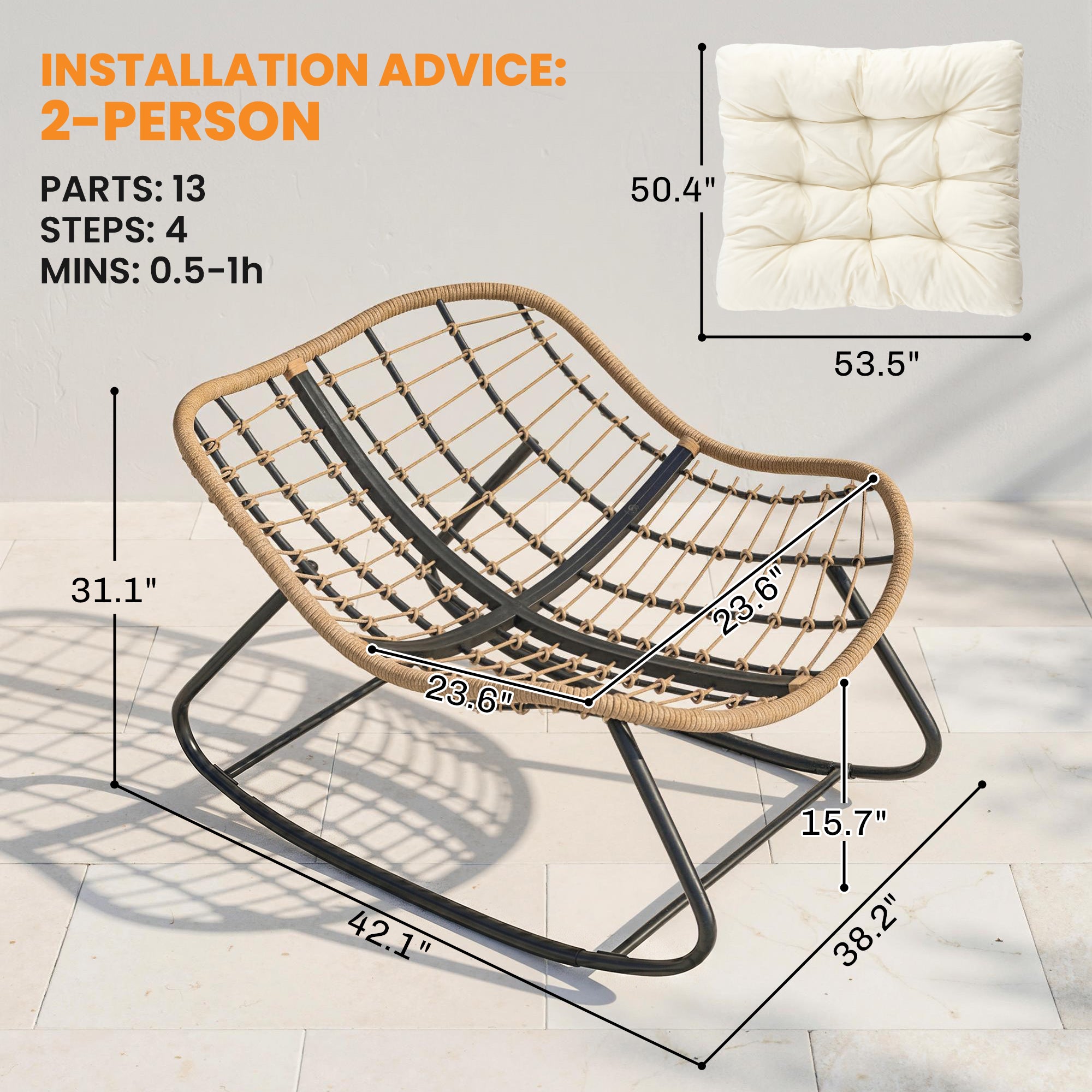 Indoor Outdoor Papasan Rocking Chair, Oversized Rocking Egg Chair with Cushion for Garden, Patio, Beige