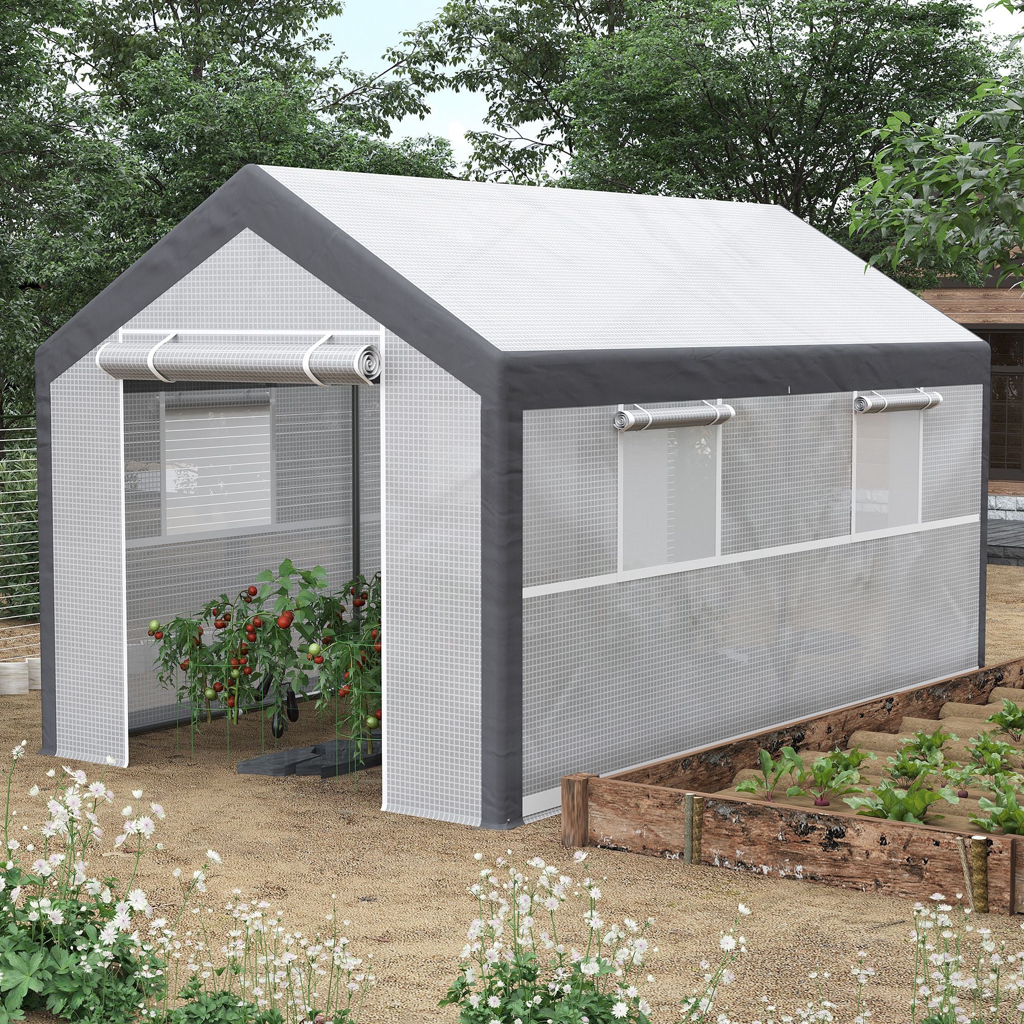 12' x 7' x 7' Greenhouse, Walk-in Outdoor Tunnel Green House with PE Cover, Steel Frame, 2 Roll-Up Zipper Doors & 4 Windows for Flowers, Vegetables, Tropical Plants, White/Dark Gray