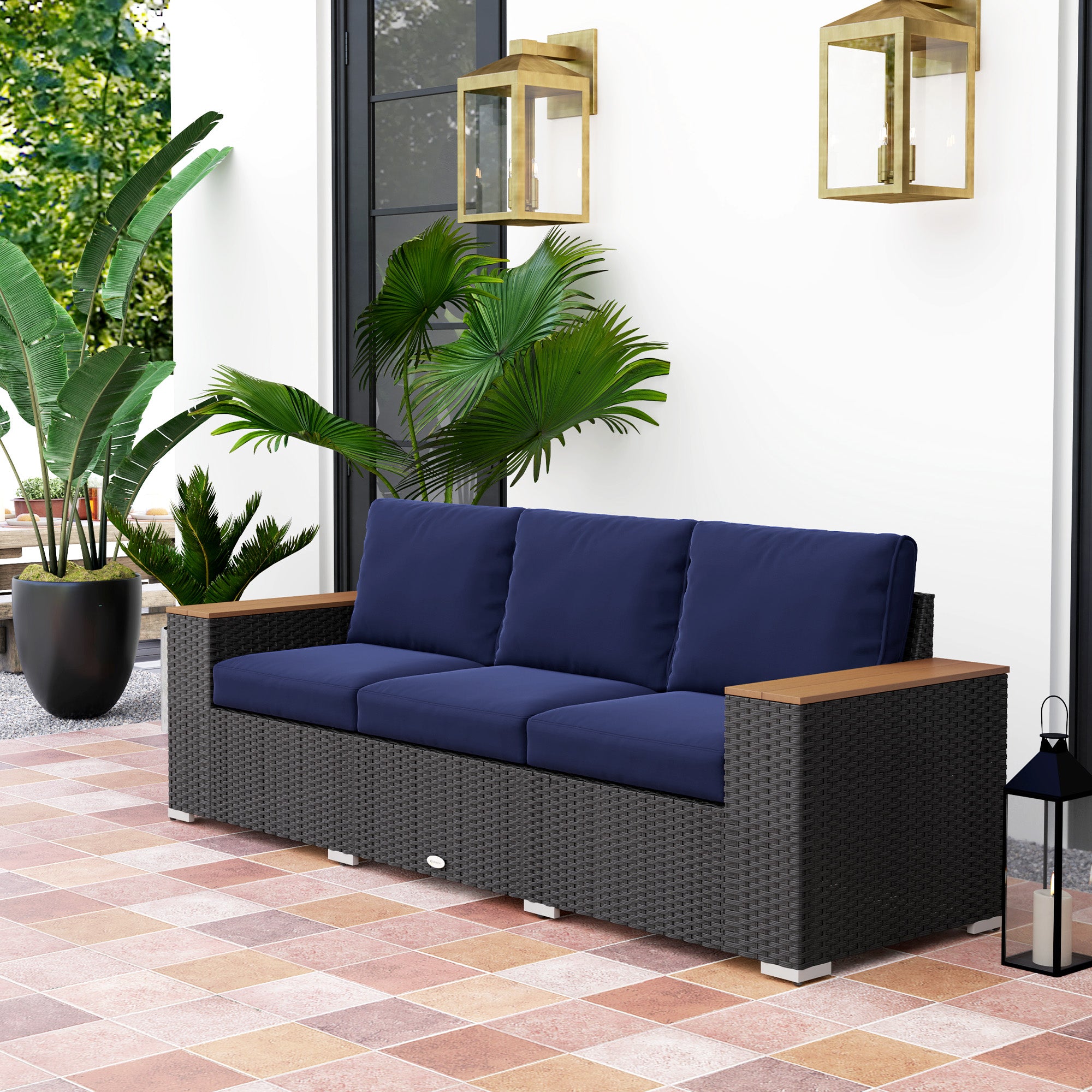 3-Seat Outdoor Patio Sofa, PE Wicker Outdoor Couch with Extra Wide Deep Seat, Wide Armrests 4" Cushions, Navy Blue