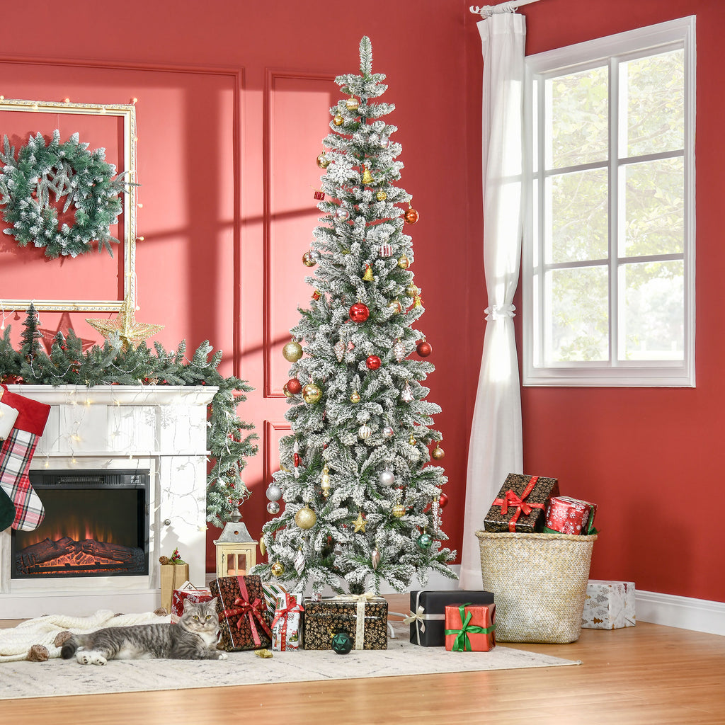 7.5ft Unlit Snow-Flocked Slim Pine Artificial Christmas Tree with Realistic Branches and 668 Tips