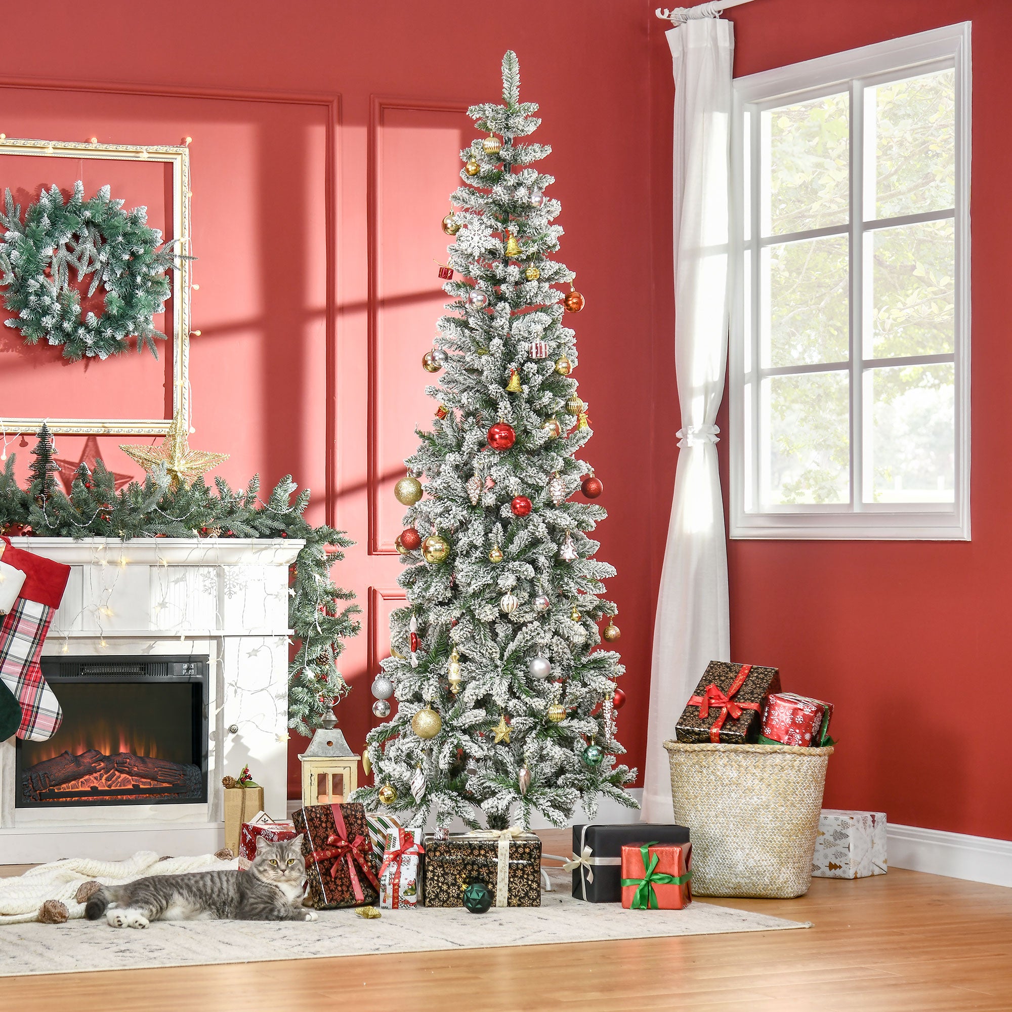 7.5ft Unlit Snow-Flocked Slim Pine Artificial Christmas Tree with Realistic Branches and 668 Tips