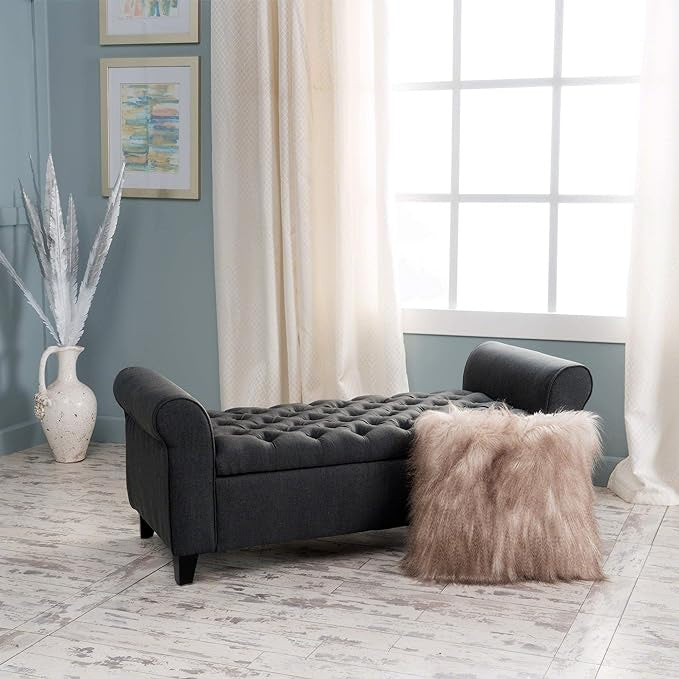 Contemporary Upholstered Ottoman with Rolled Arms and Pressure Hinges, Armed Storage Bench, Ideal for Small Spaces, 50" L x 19.5" W x 20.5" H, Dark Gray