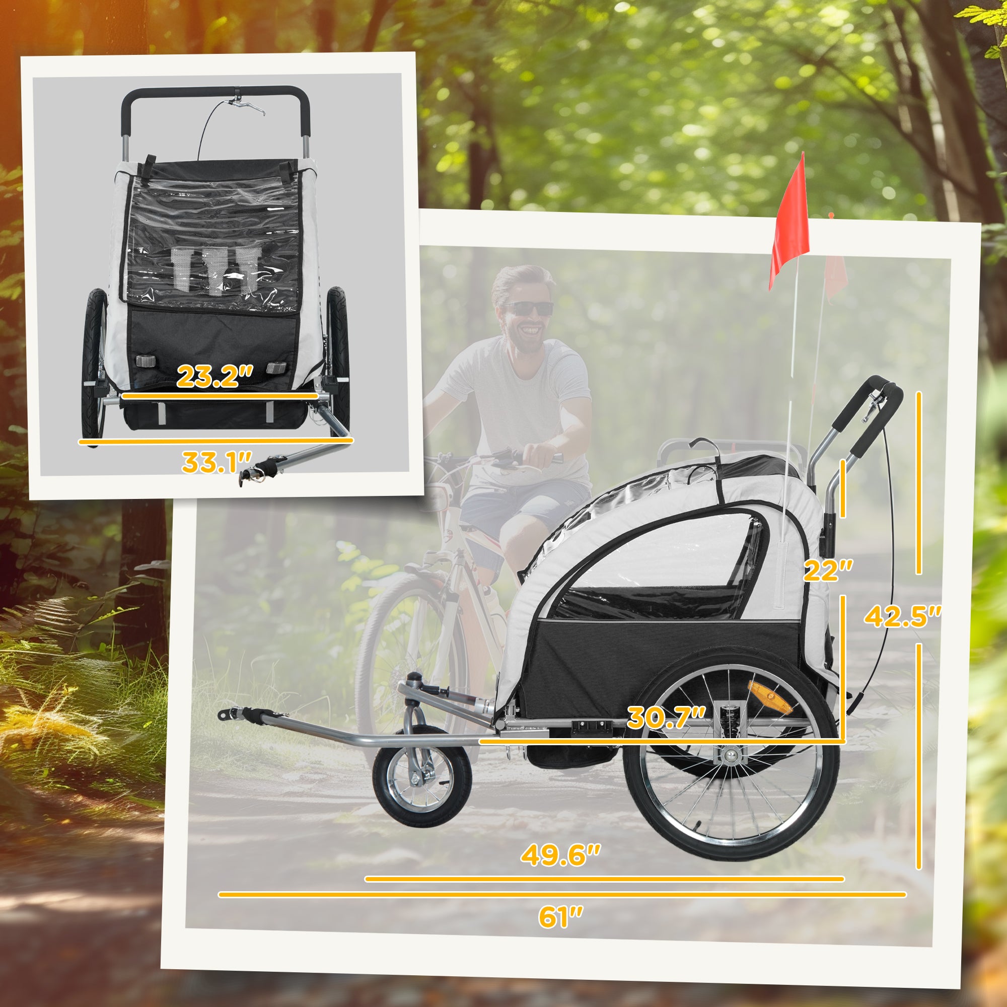 2-Seat Elite 360 Swivel Bike Trailer for Kids Bicycle Cargo Trailer with Water-Resistant Windows, Black and White