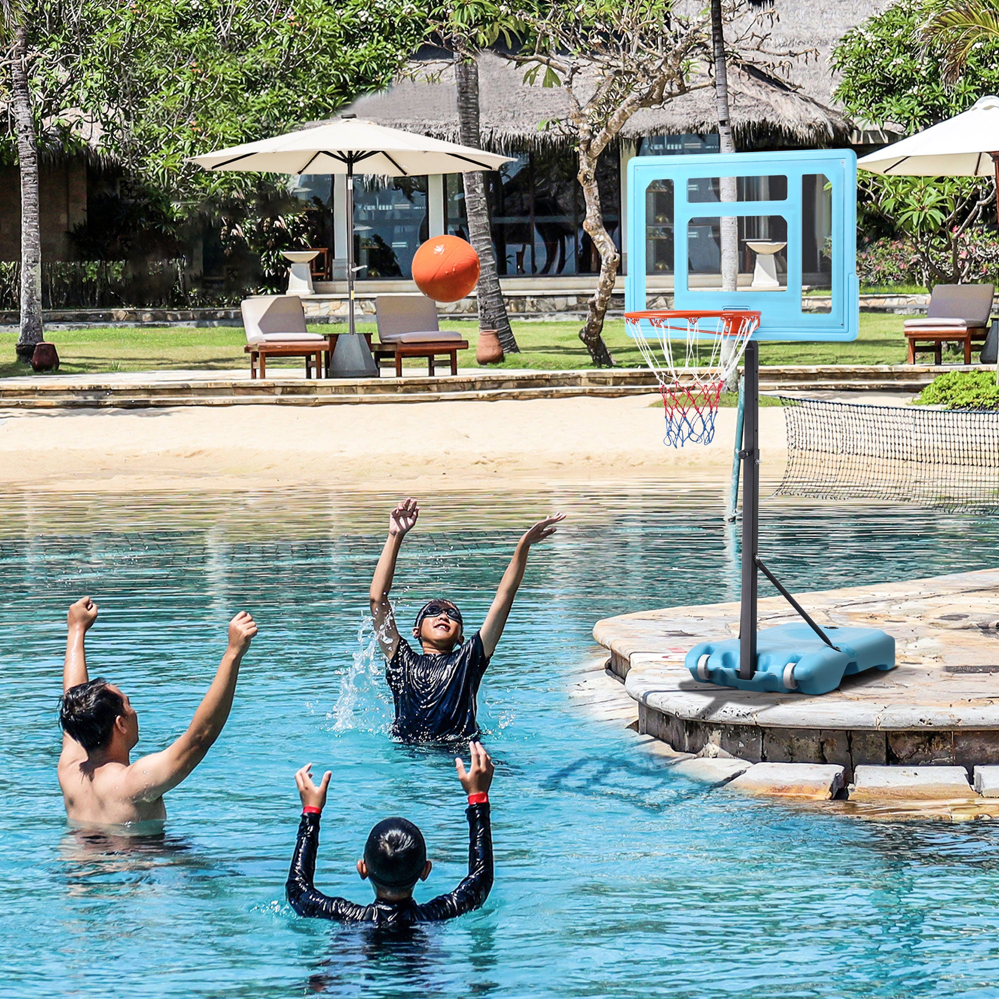 Poolside Basketball Hoop Stand, 36.5"-48.5" Height Adjustable Portable Hoop System w/ Clear Backboard & Fillable Base for Whole Family, Blue, Black, Red