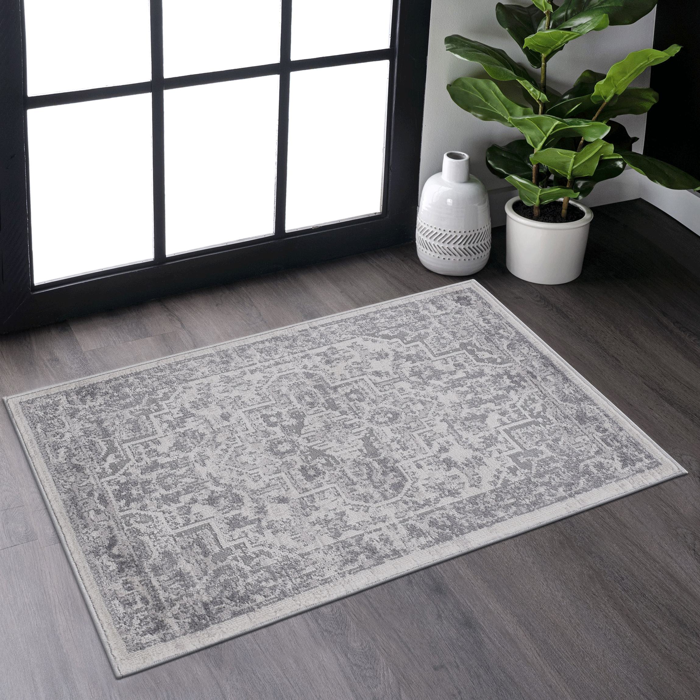 Naar 2x3 Stain-Resistant Area Rug with Non-Shedding Design and Cotton Backing, Kid and Pet-Friendly Carpet, 36" L x 24" W x 0.35" H, Silver