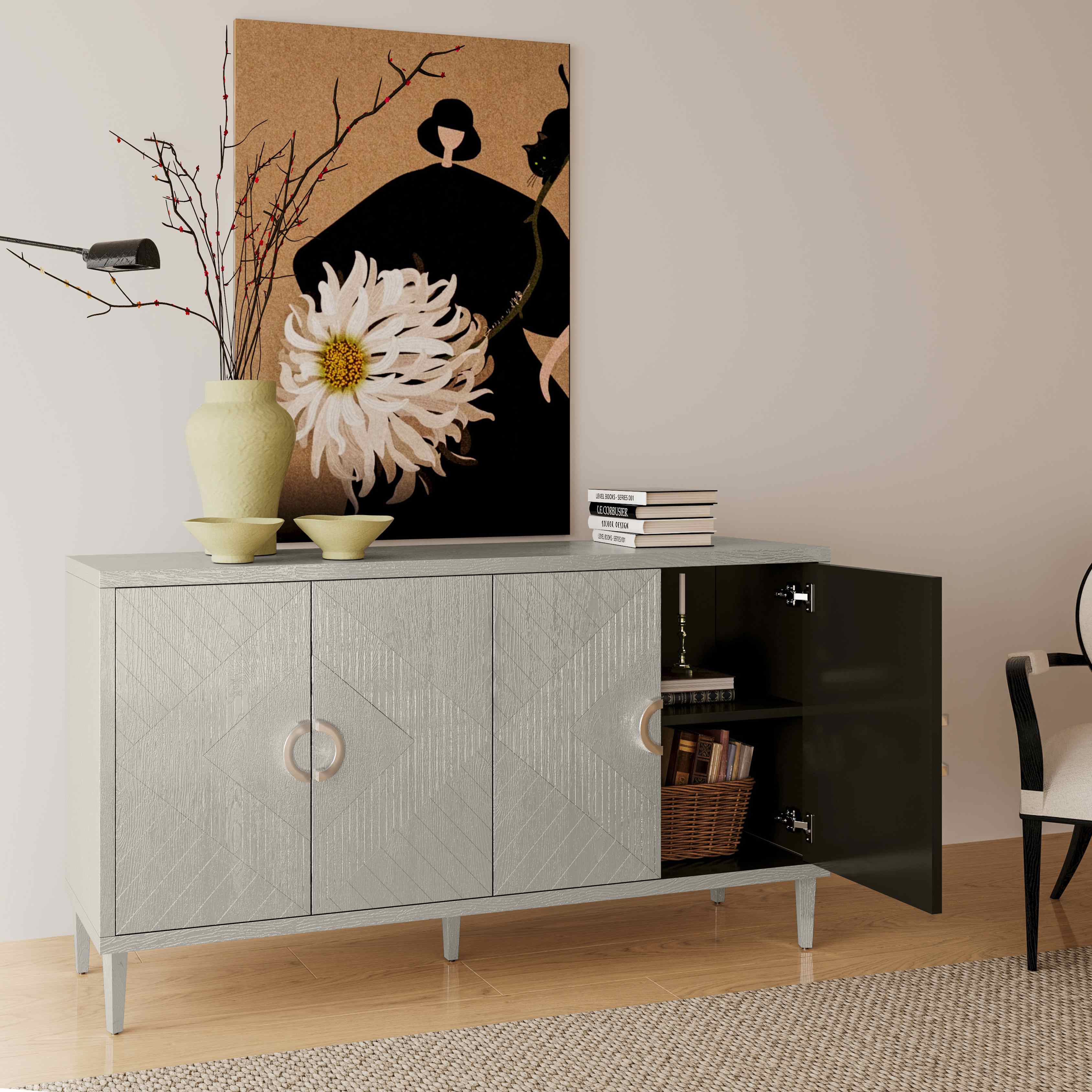 Stylish 4-Door Storage Cabinet with Pine Legs and MDF, Durable Construction, Versatile Use, 59.84"L x 15.75"W x 32.48"H, Champagne