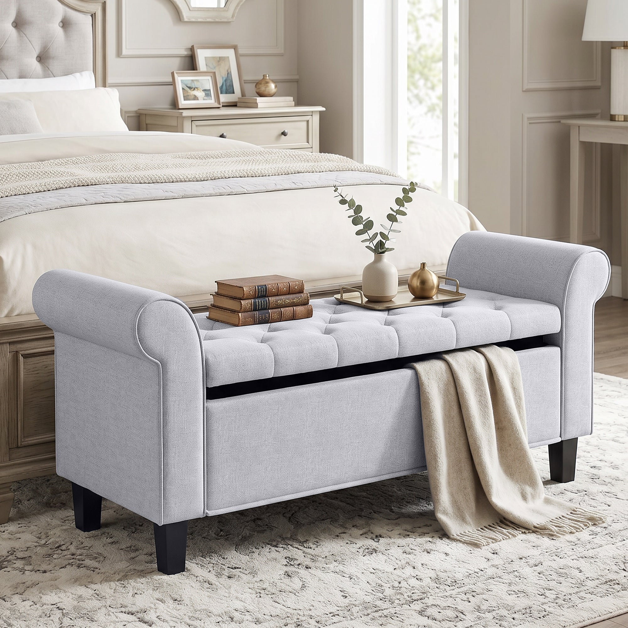 47" Storage Ottoman Bench, Tufted End of Bed Bench with Rolled Arms, Safety Hinge, Wood Legs for Bedroom, Light Gray