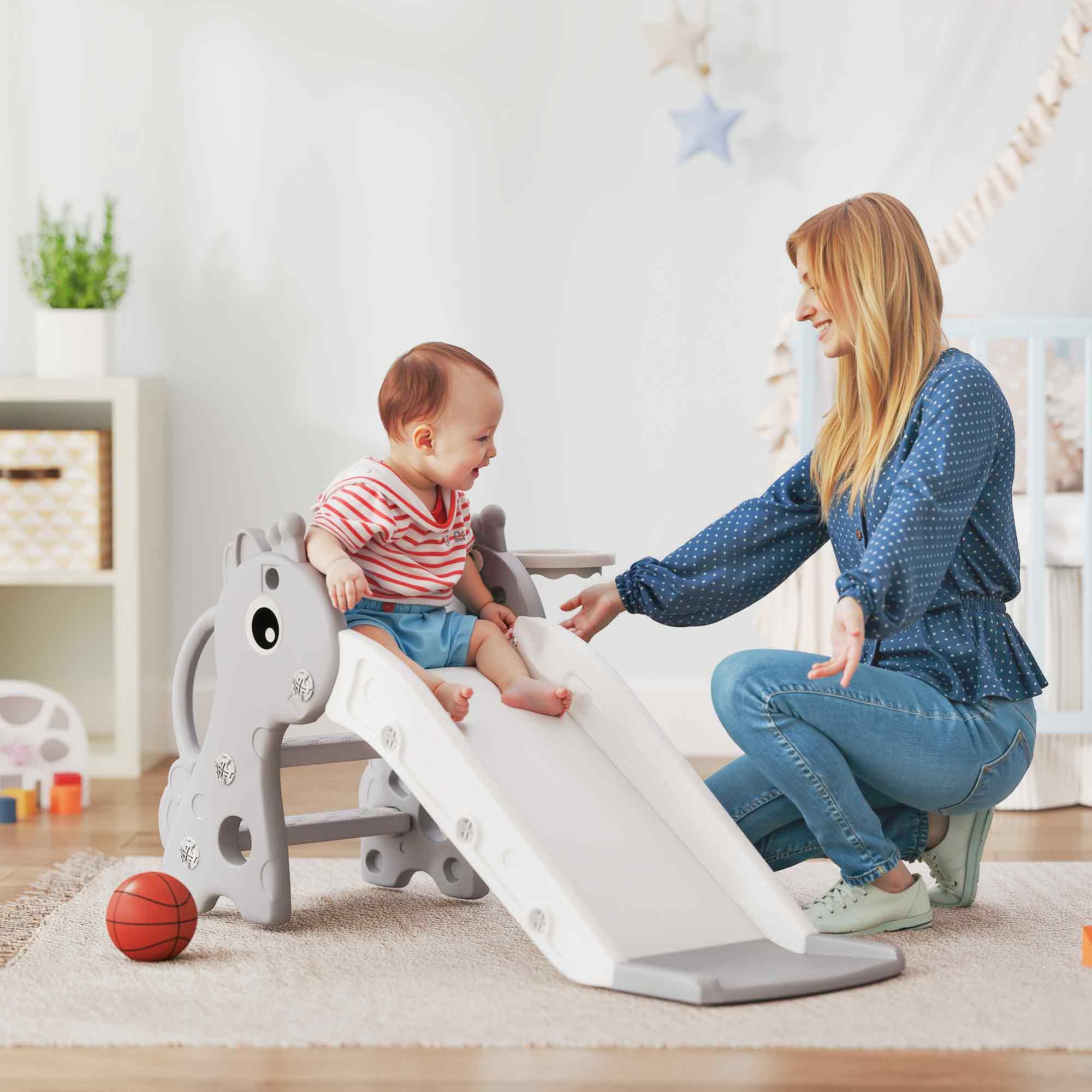 3-in-1 Toddler Slide for Age 1-3, Freestanding Kids Slide with Climber, Basketball Hoop and Ball, Giraffe Design, Gray