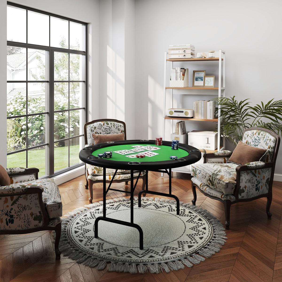 Poker Table Foldable 47" Round Casino Folding Game Table for 8 Players with Cup Holders, Green