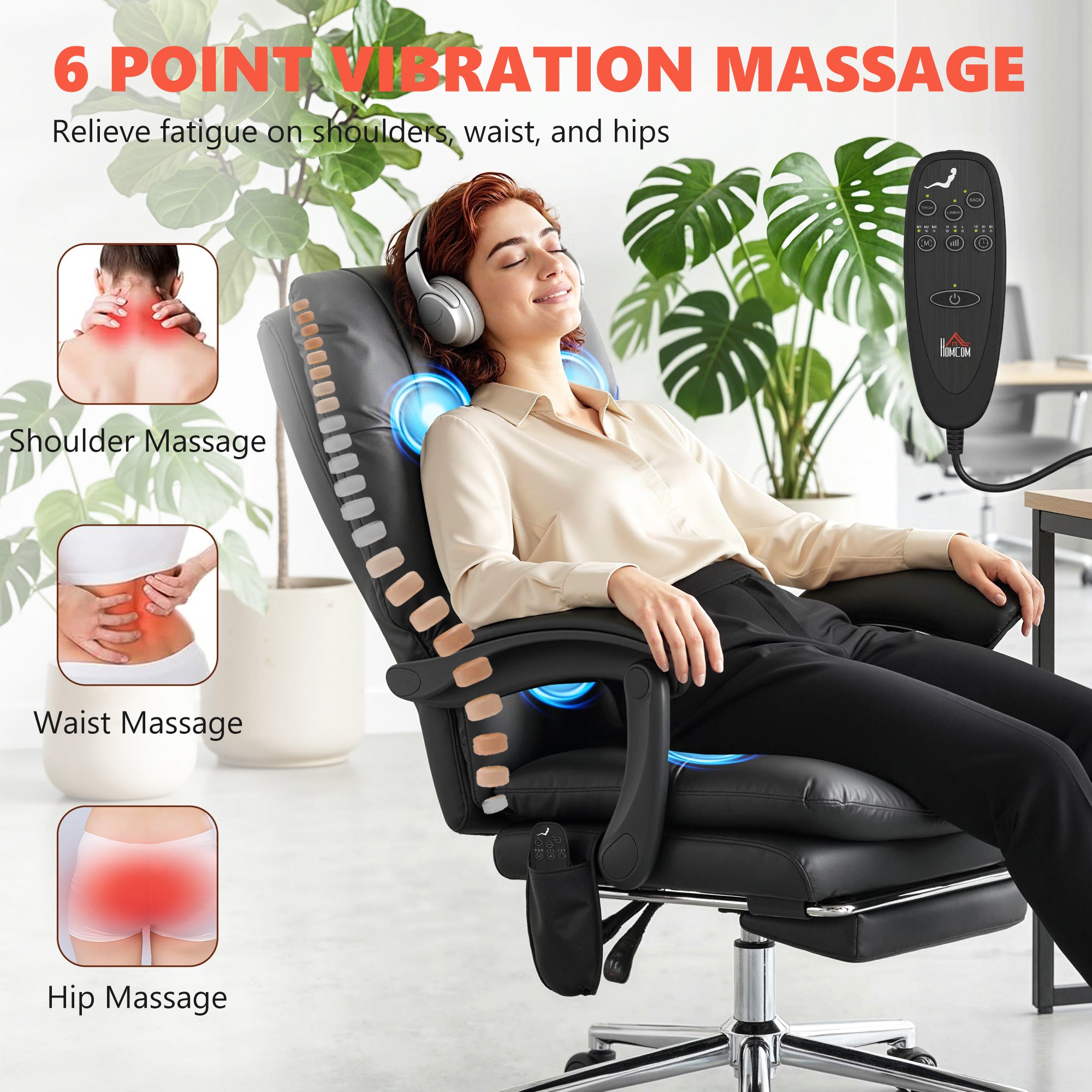 Massage Office Chair with 6-Point Vibration, Pet-Friendly Faux Leather Ergonomic Executive Desk Chair, Black