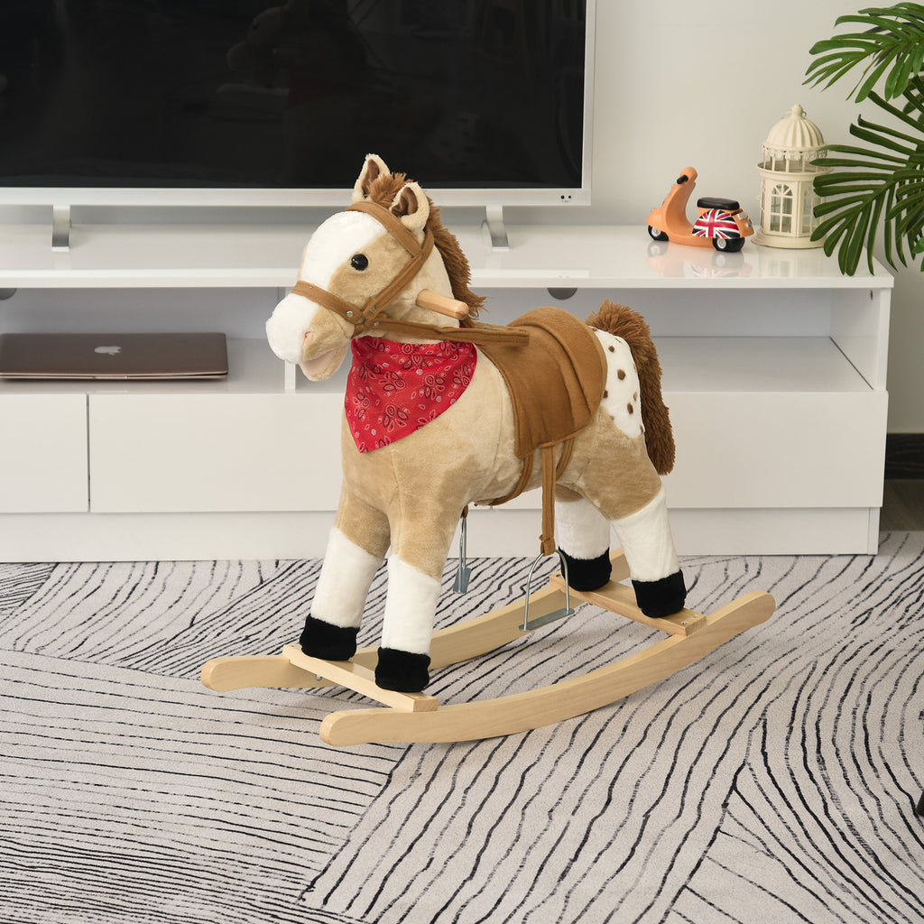 Kids Plush Ride-On Rocking Horse Toy Cowboy Rocker with Fun Realistic Sounds for Child 3-6 Years Old, Beige