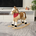 Kids Plush Ride-On Rocking Horse Toy Cowboy Rocker with Fun Realistic Sounds for Child 3-6 Years Old, Beige