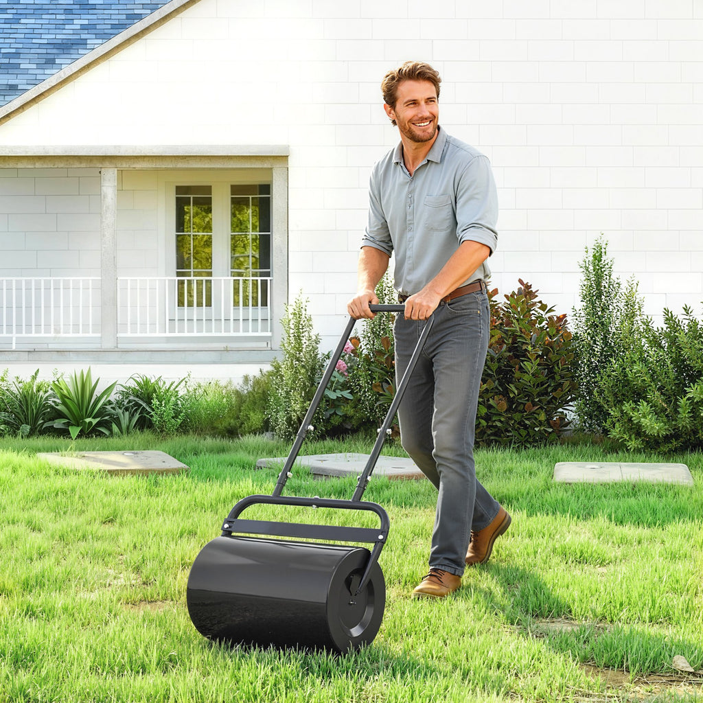 20-Inch Push/Tow Behind Lawn Roller Filled with 10 Gal Water or Sand for Flattening Sod in the Garden, Black