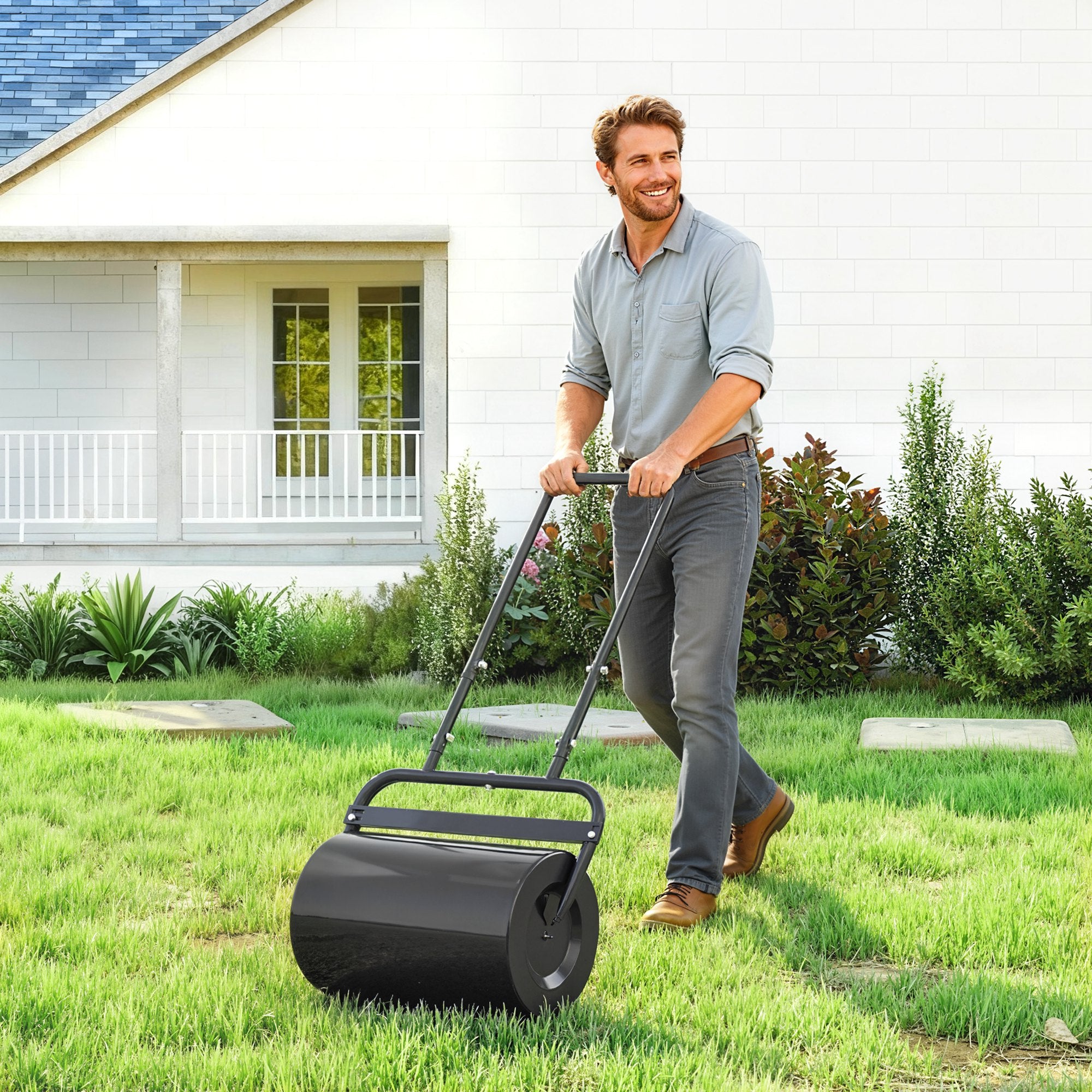 20-Inch Push/Tow Behind Lawn Roller Filled with 10 Gal Water or Sand for Flattening Sod in the Garden, Black