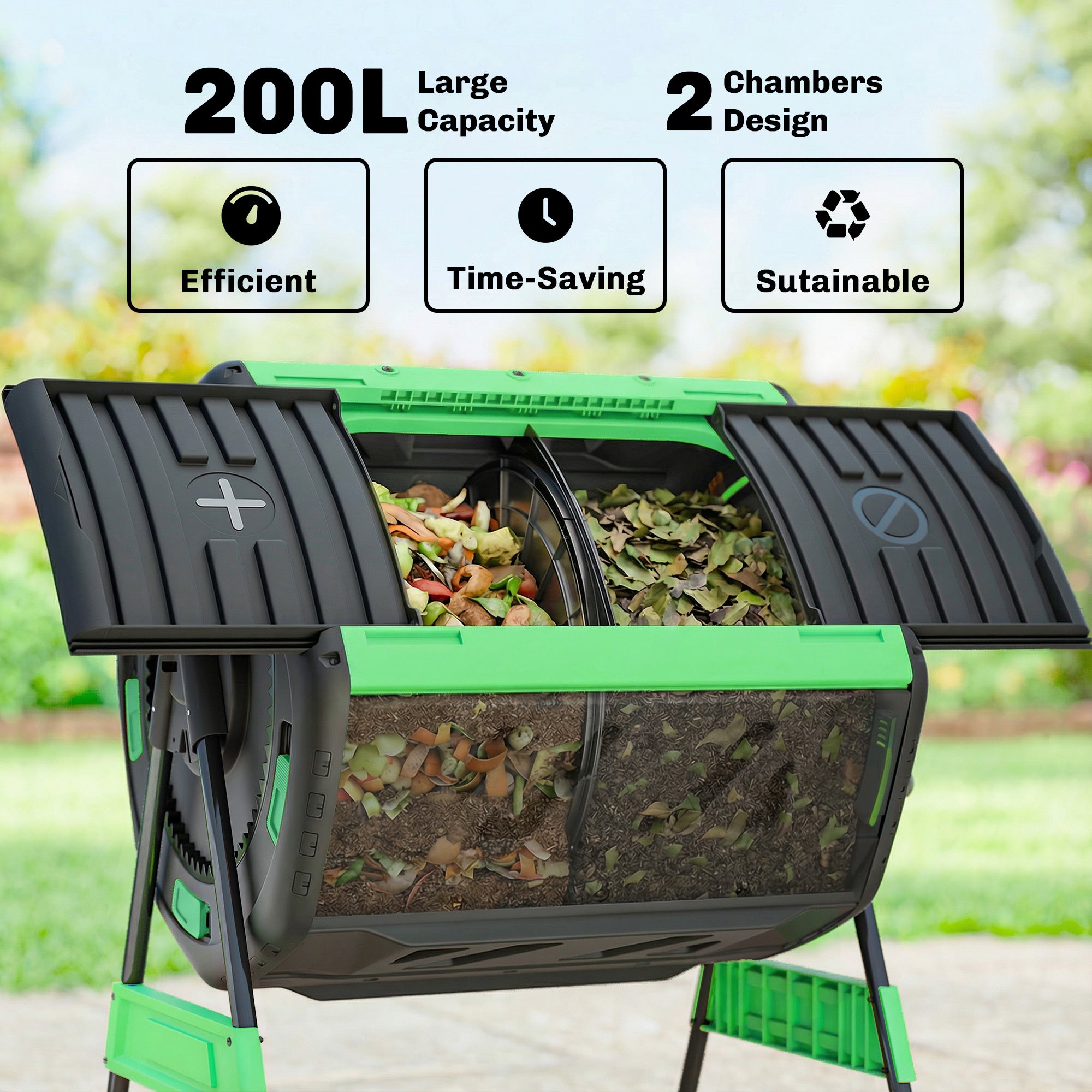 Compost Bin Outdoor, 53 Gal Dual Chamber Tumbling Composter with Adjustable Vents, BPA Free Tumbling Composter, Green