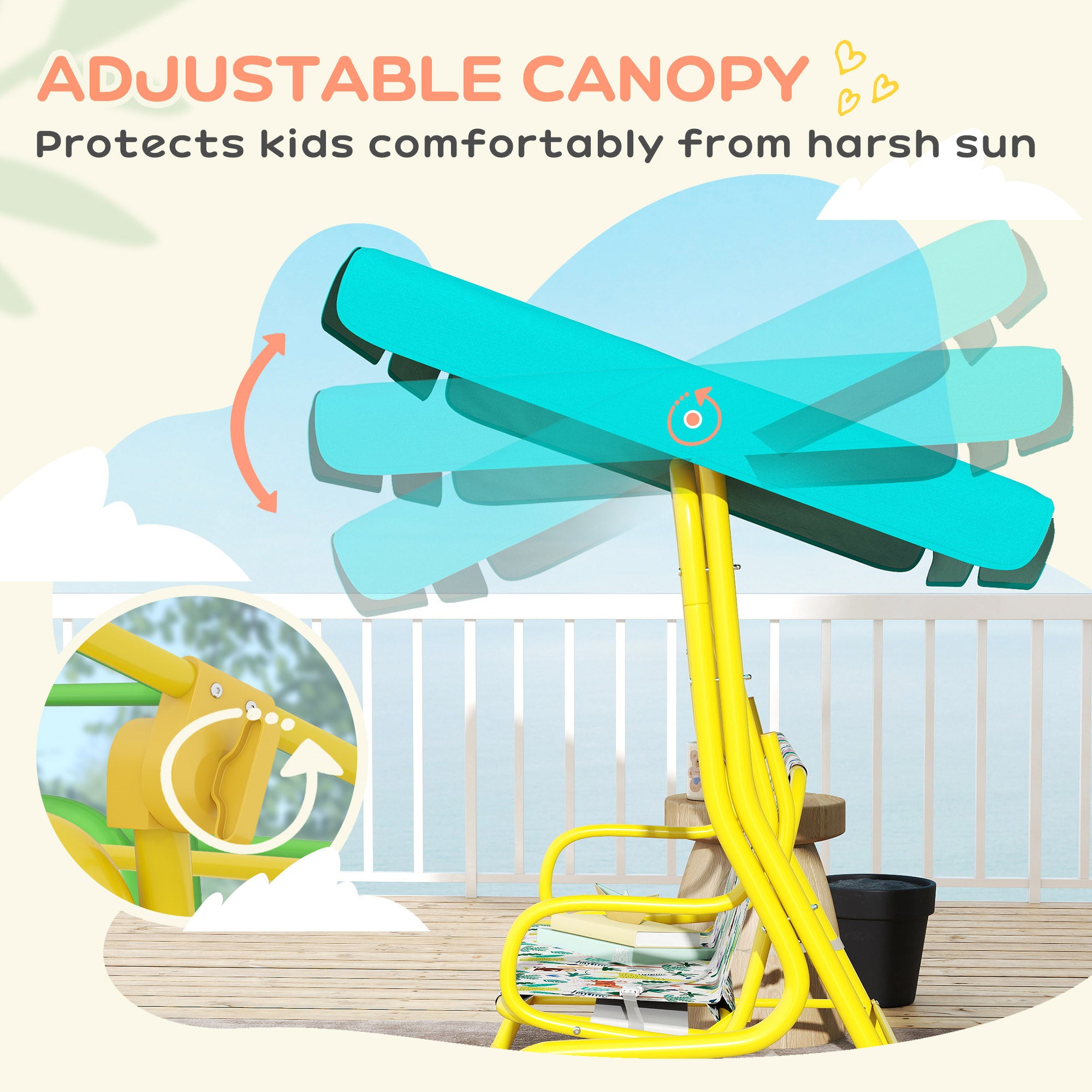 Kids Porch Swing, 2-Seater Patio Swing Bench with Safety Belts, Adjustable Canopy for Backyard, Garden, Green
