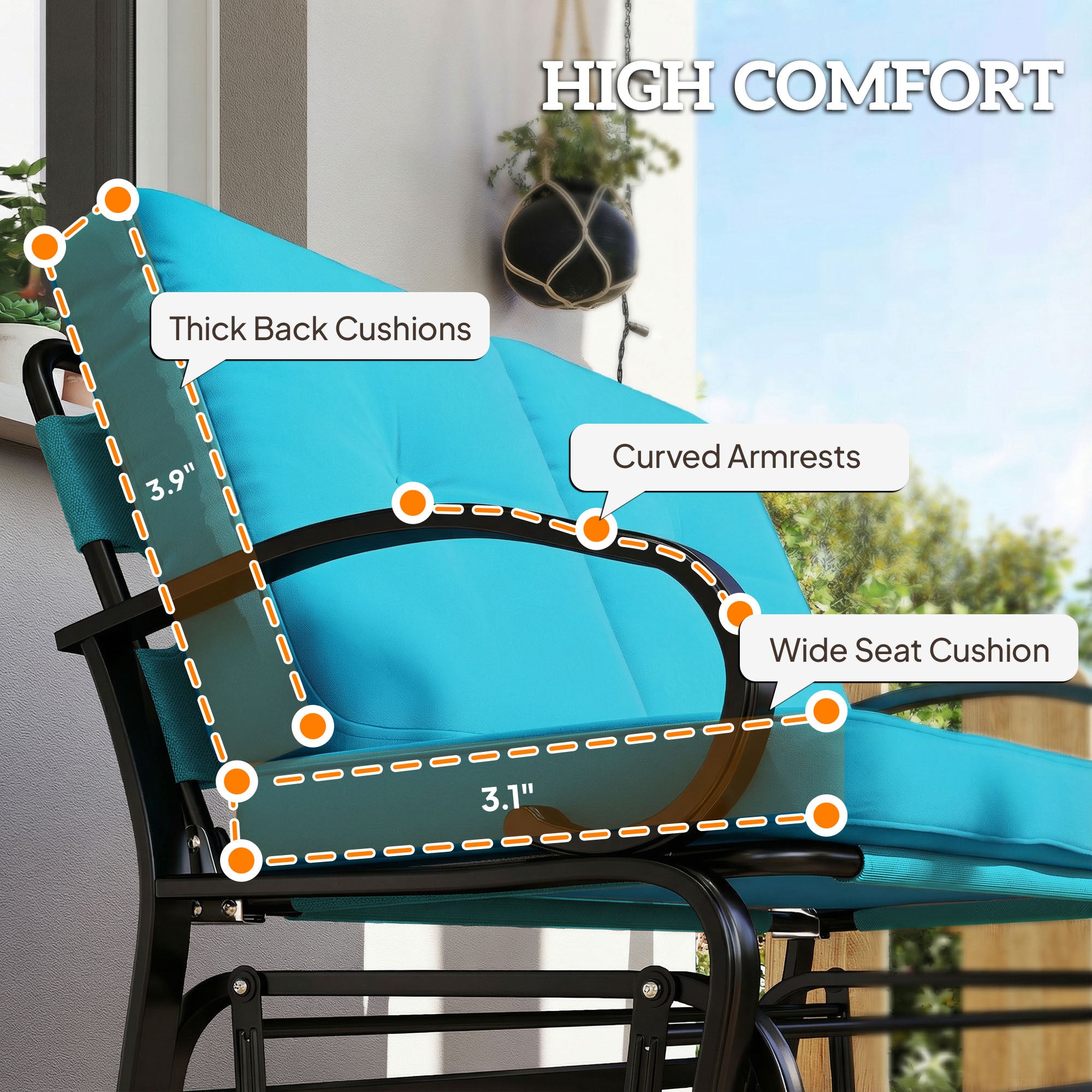 Outdoor Glider Bench, 2-Person Patio Rocker Loveseat with Tufted Cushions, Steel Frame for Porch, Garden Backyard, Blue