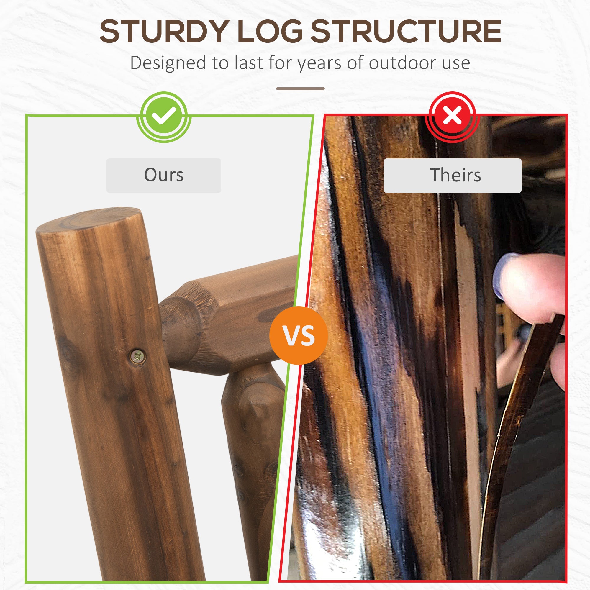 2-Person Wood Rocking Chair with Log Design, Heavy Duty Loveseat with Wide Curved Seats for Patio, Backyard, Garden, Walnut