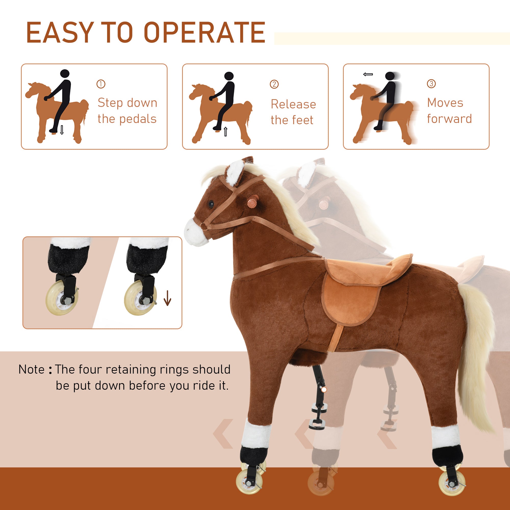 Kids Ride-on Walking Horse with Easy Rolling Wheels, Soft Huggable Body, & a Large Size for Kids 3-9 Years