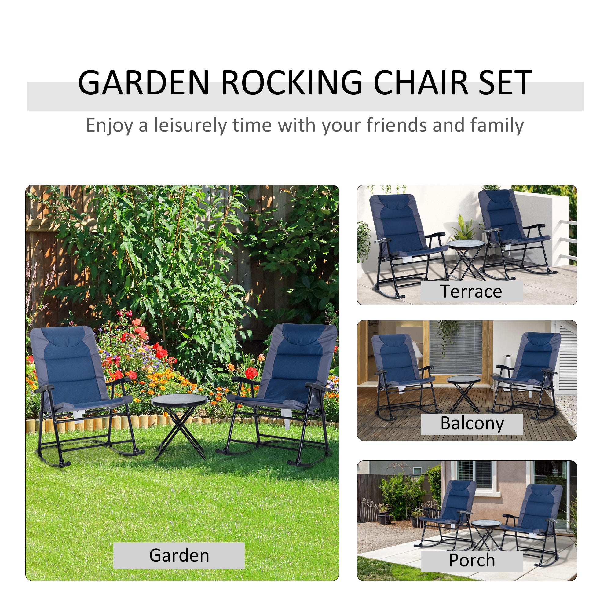 3 Piece Outdoor Folding Rocking Chair and Table Set - Blue and Gray