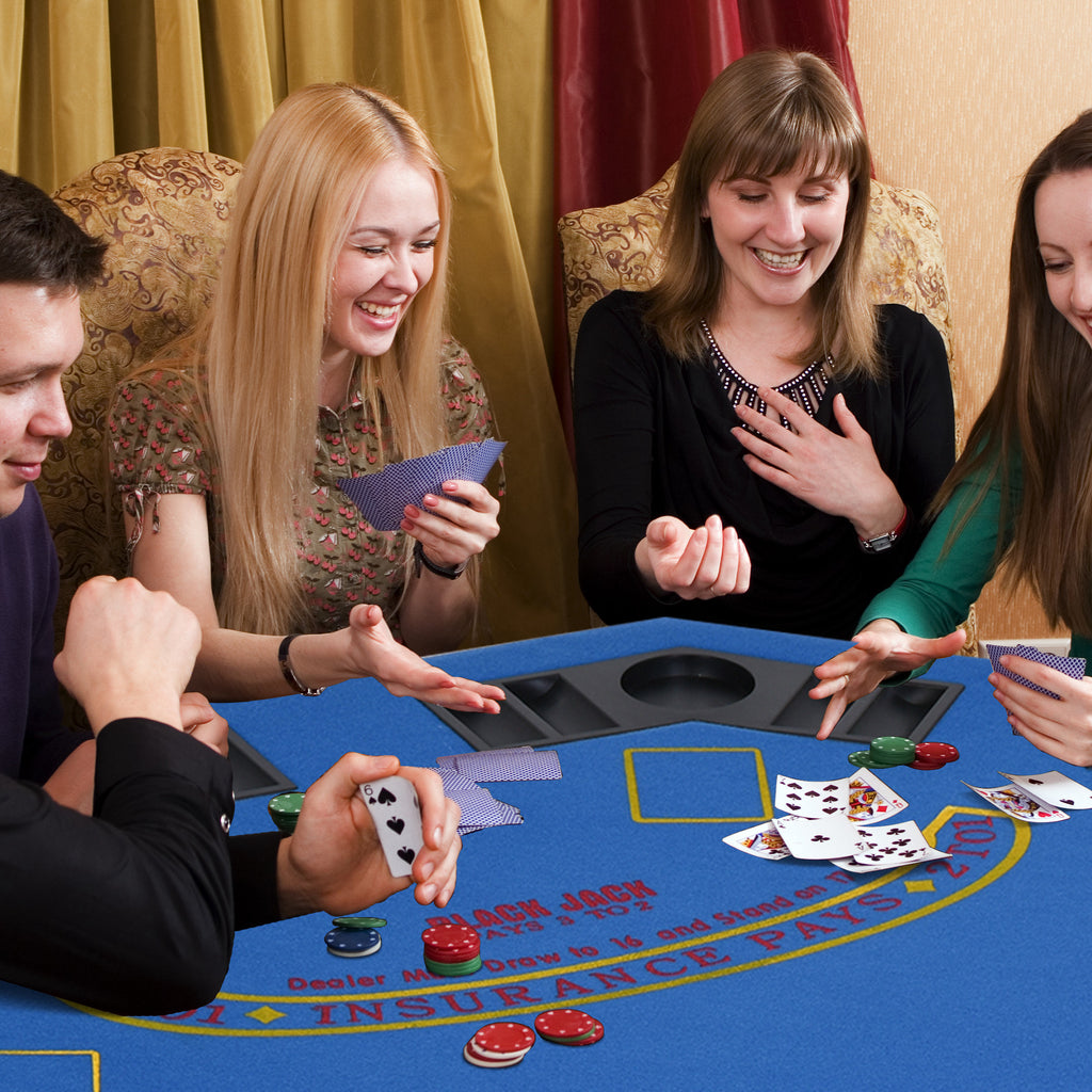 Poker Table Foldable, 47" Octagon Blackjack Poker Game Table for 8 Players with Cup Holders and Chips Tray, Blue Felt