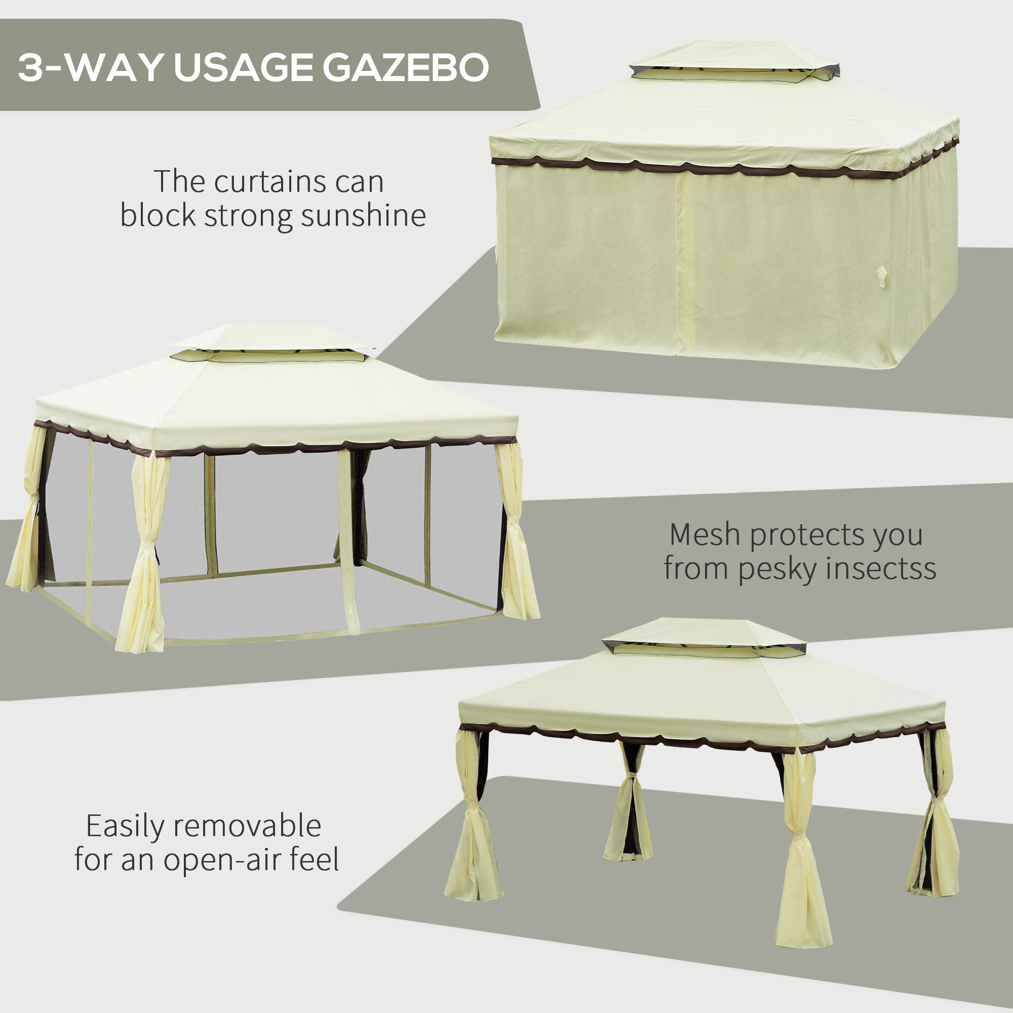 10' x 13' Patio Gazebo, Aluminum Frame Double Roof Outdoor Gazebo Canopy Shelter with Netting & Curtains, Cream White