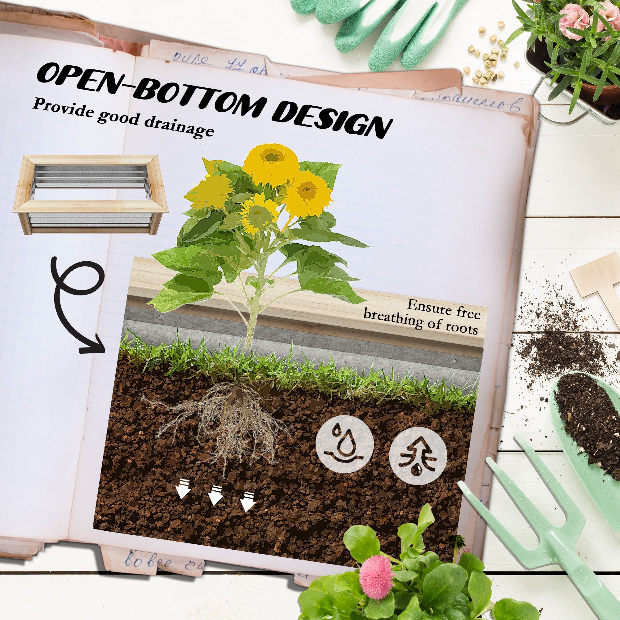 Raised Garden Bed, Planter Box, Metal and Wood Combined, for Growing Flowers, Herbs and Vegetables