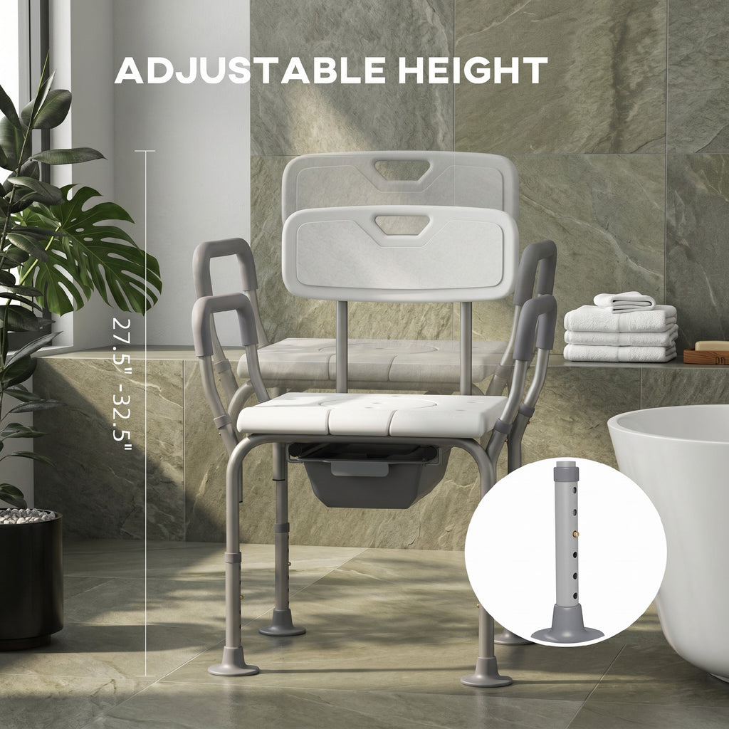 3-in-1 Shower Chair with Back and Arms, Height Adjustable Bedside Commode, Raised Toilet Seat with Non-Slip Rubber Foot Pad for Seniors, Disabled, White