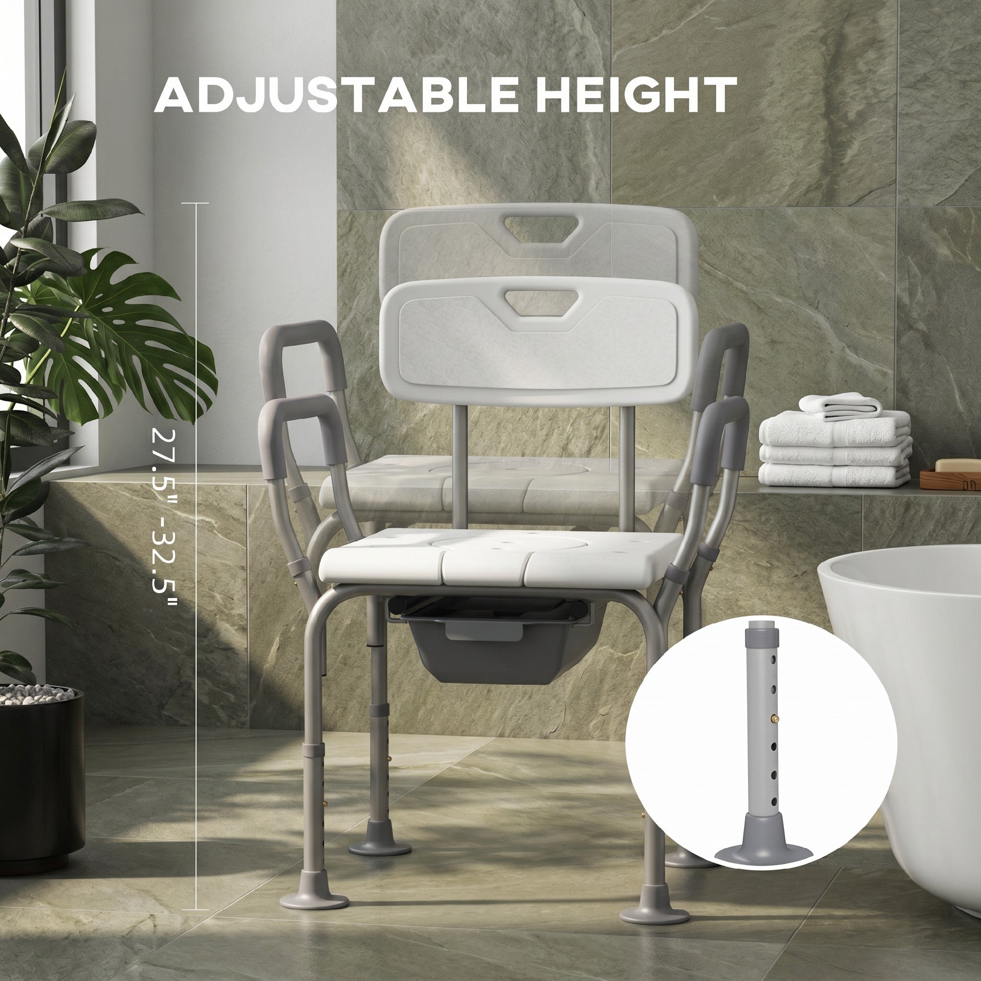 3-in-1 Shower Chair with Back and Arms, Height Adjustable Bedside Commode, Raised Toilet Seat with Non-Slip Rubber Foot Pad for Seniors, Disabled, White