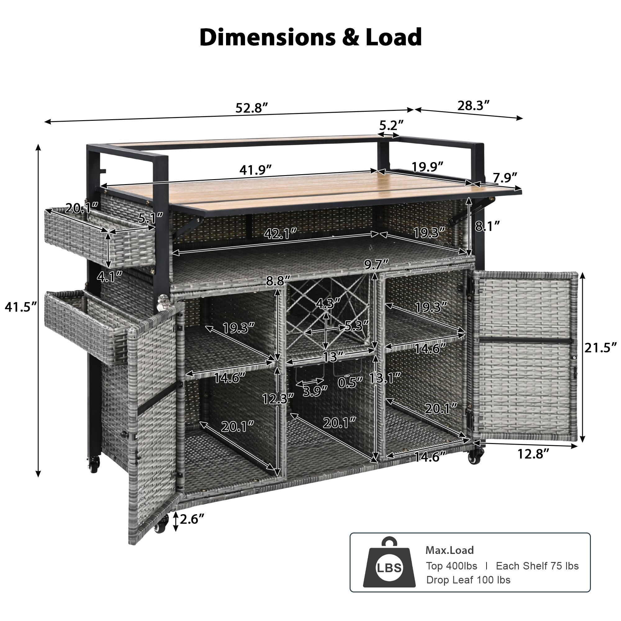 Outdoor Grill Cart with Extended Table Top, Rolling Kitchen Island on Wheels with Storage Cabinet, Double Handle, 53" L x 28.3" W x 41.5" H, Gray