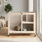 Rabbit Hutch with Wheels, Desk and Side Table Sized, Wooden Rabbit Cage, Waterproof Small Bunny Cage with Removable Tray, Openable Roof, for Rabbits, Chickens, Ducks, Indoor/Outdoor, Natural